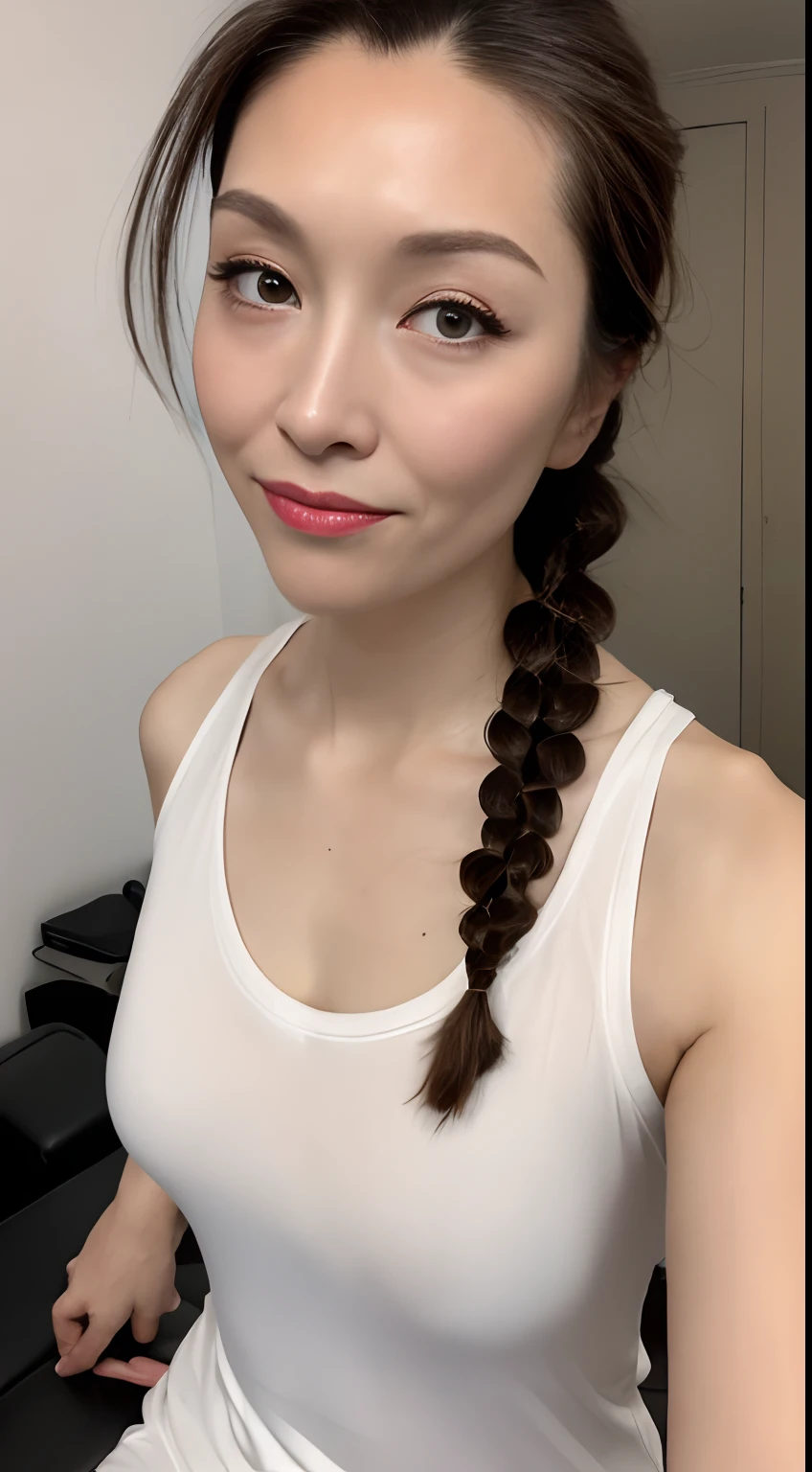 ((Best quality, 8k, Masterpiece :1.3)), Sharp focus: 1.2, Perfect Body Beauty: 1.4, Slim Abs: 1.2, ((Hairstyle, side braid:1.2)), (Tank top shirt:1.1), (Street: 1.2), Highly detailed face and skin texture, Fine eyes, Double eyelids, Wearing white glasses, sitting cross-legged in the room