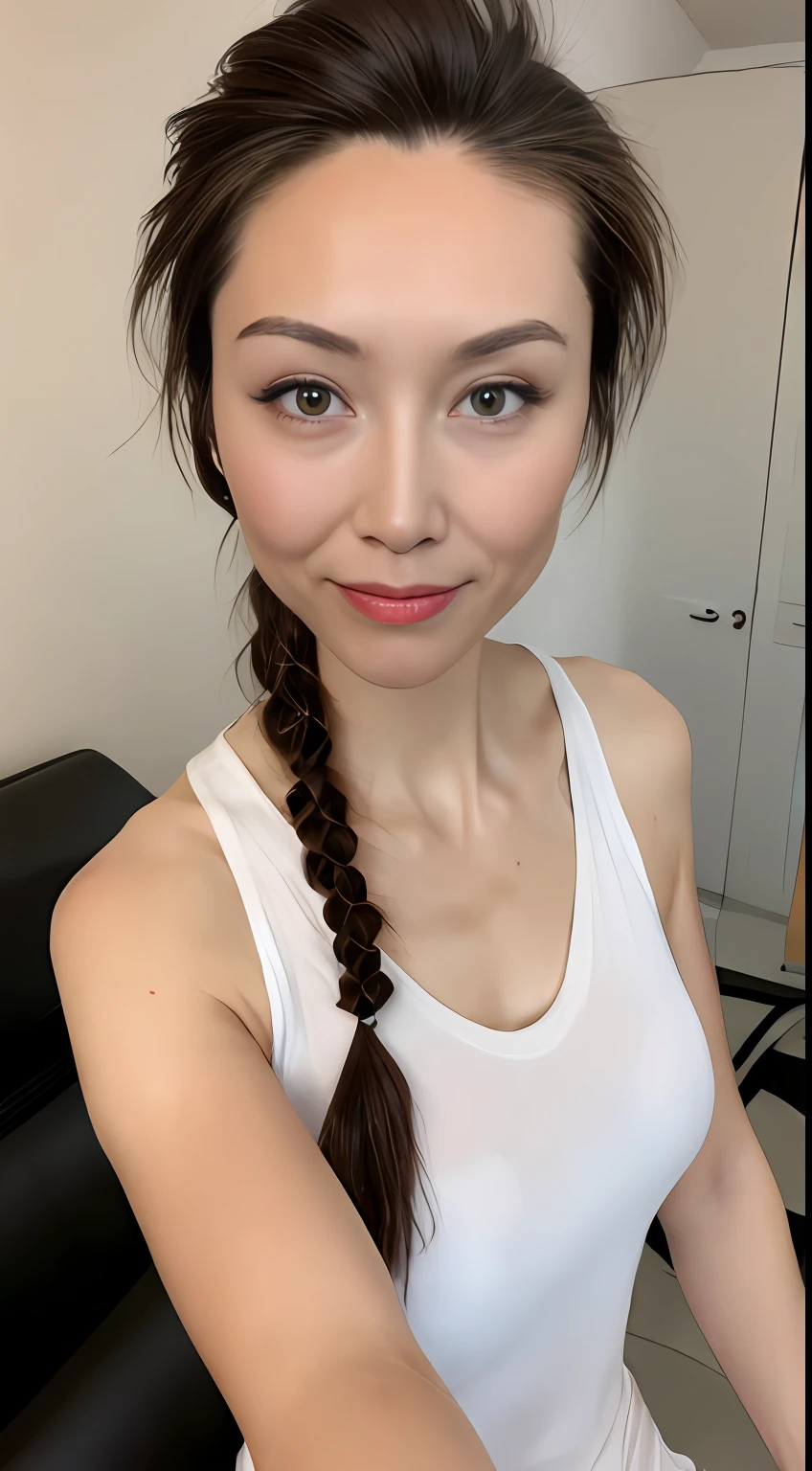 ((Best quality, 8k, Masterpiece :1.3)), Sharp focus: 1.2, Perfect Body Beauty: 1.4, Slim Abs: 1.2, ((Hairstyle, side braid:1.2)), (Tank top shirt:1.1), (Street: 1.2), Highly detailed face and skin texture, Fine eyes, Double eyelids, Wearing white glasses, sitting cross-legged in the room