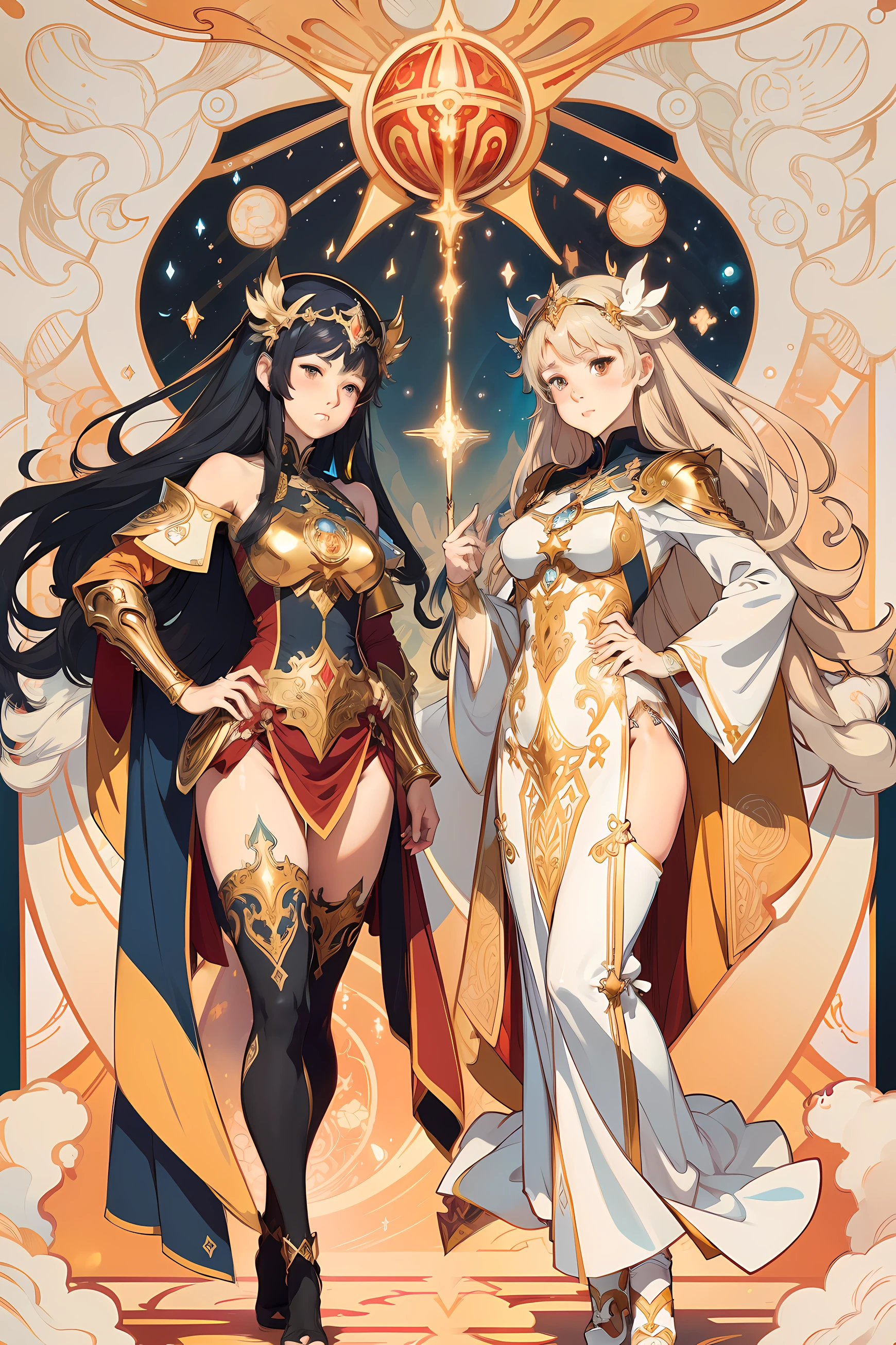 arafed image of a twin womans with a star ball in her hands, alphonse mucha and rossdraws, mucha style 4k, artgerm mucha, korean art nouveau anime, portrait knights of zodiac girl, goddess. extremely high detail, anime fantasy illustration, detailed digital anime art, gorgeous goddess of leo, anime art nouveau, talor liner, stick liner, clear line. perfect post leg and shose. backgourd no face. red gold outfit,