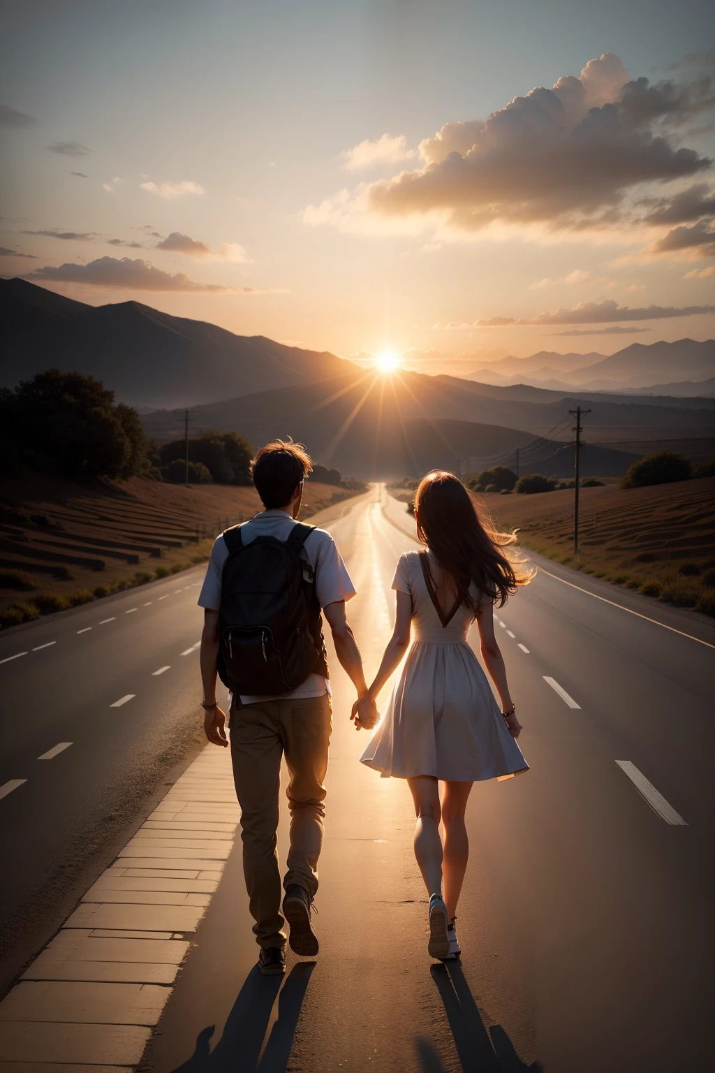 A long road，A couple walking on the road holding arms，The setting sun shines on the roads and on them