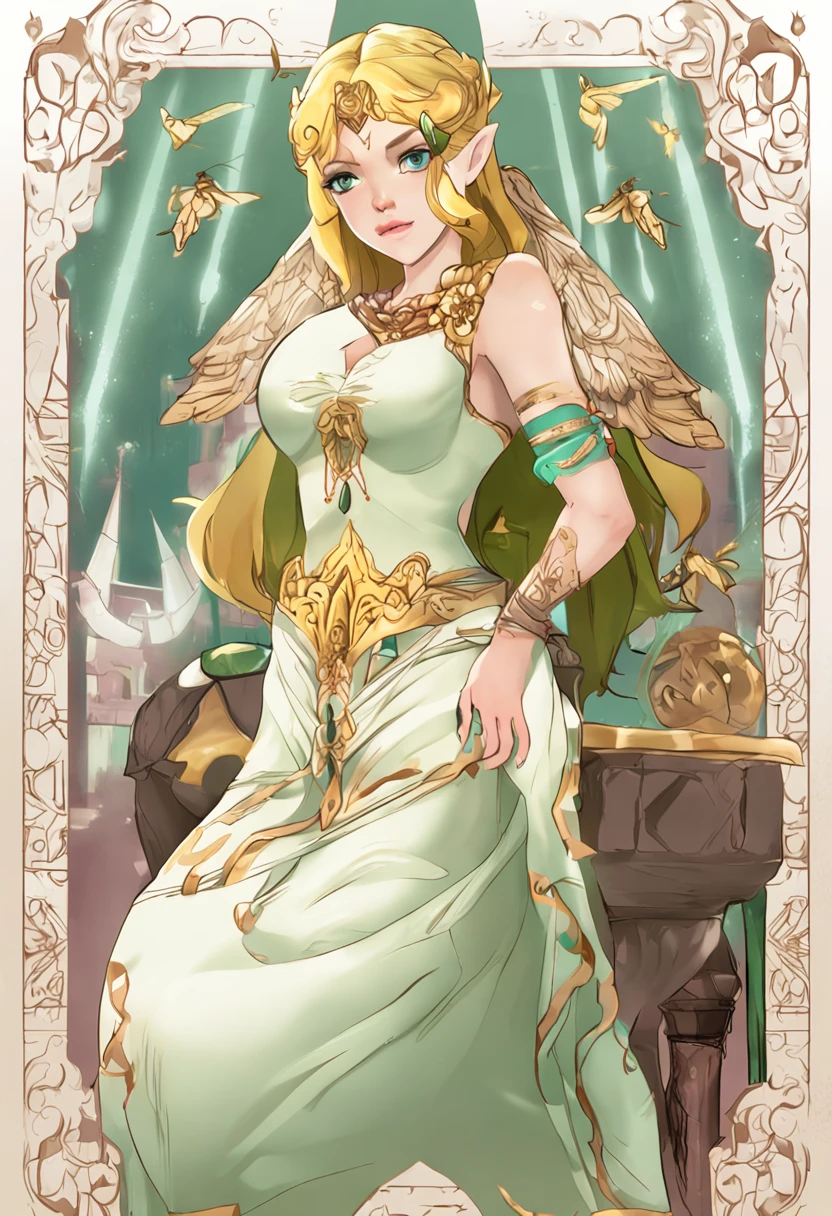 A beautiful blond female anime hero elf in leather clothes, big breasts, showing cleavage, (style of Alphonse Mucha:1.4)