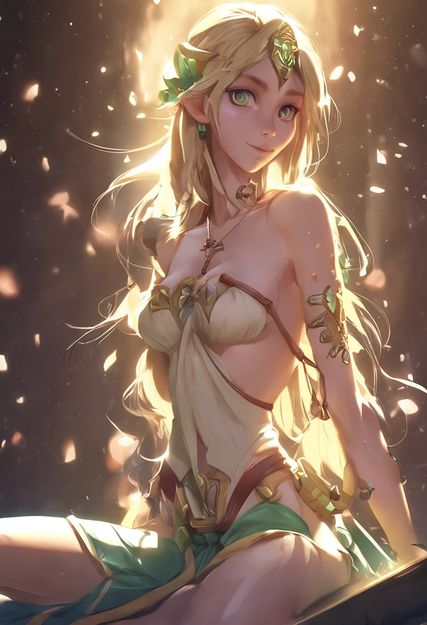 Naked Zelda((Masterpiece)),(illustration),(((Best quality)), Irridescent color, high-resolution illustrations, Amazing,A high resolution, intricately details, Extremely detailed Cg Unity 8K wallpaper ((Zelda)), Small breast, Naked,(delicate adorable face)bareness,A blonde long-haired,spoony,(green-eyed),NSFW,rays of moonlight,the night,Lie down in bed,short sexy dress,pantyless,Pout your ass,high ponytails