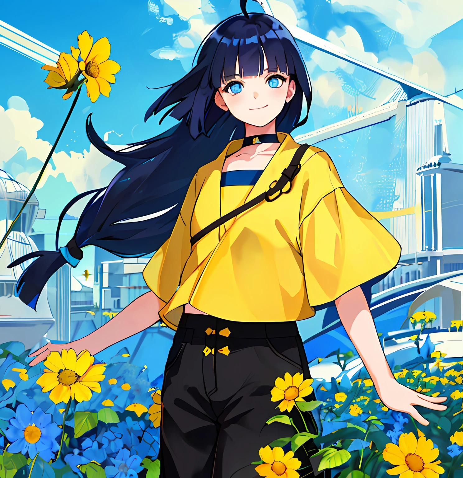 (high-quality, breathtaking),(expressive eyes, perfect face), short, young girl, long dark blue hair, blue eyes, smiling, white crop top, long black pants, choker, urban setting, sunshine, blue sky, shine, glow, yellow flowers, blunt bangs, himawari uzumaki, long hair.