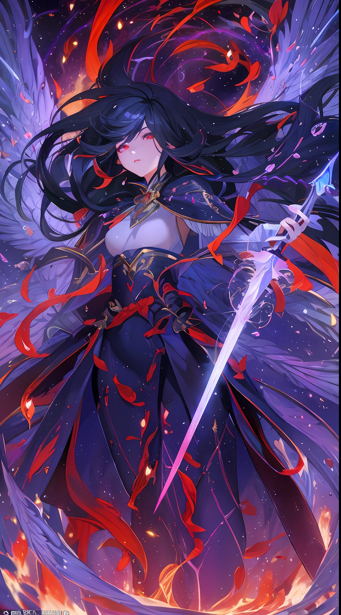 "1girl with black hair and red eyes, embodying the essence of an ice witch. She is surrounded by swirling blood and illuminated by mesmerizing light particles and rays. The background is a captivating wallpaper with high contrast and vibrant colors. A majestic blue fire phoenix soars behind her, and she holds a glowing sword in her hand, ready for battle.+"