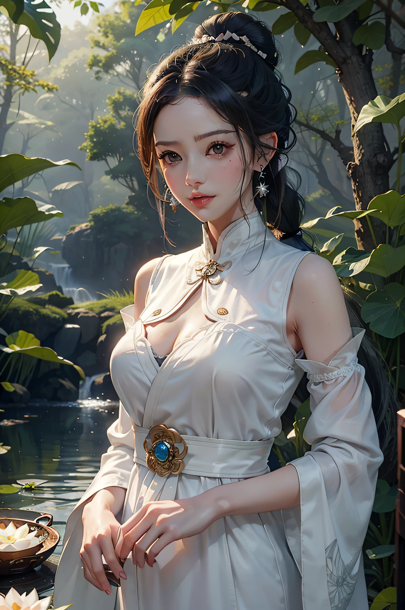 (Top quality, Masterpiece: 1.2), 超高分辨率, Realistic goose egg face, Front lighting, Intricate details, Exquisite details and textures, 1 girl, Solo, (Young), Face highlights, Upper body, Detailed face, teardrop moles, Shiny skin, Silver hair, pony tails, pigtail hair, view the viewer, Big eyes, Silk robes, (hollow pattern, White, Silk), Earrings, Small breasts, Slim body structure, Eastern Asia, Riverside, Lotus leaf, lotus flower, the woods, Professional lighting, photon maping, Radio City, physically-based renderingt, ((hair bunched up on head)), Huge, {{{Masterpiece, Best quality, illustration,gaming console_CG}, Sexy (hair bunched up on head)