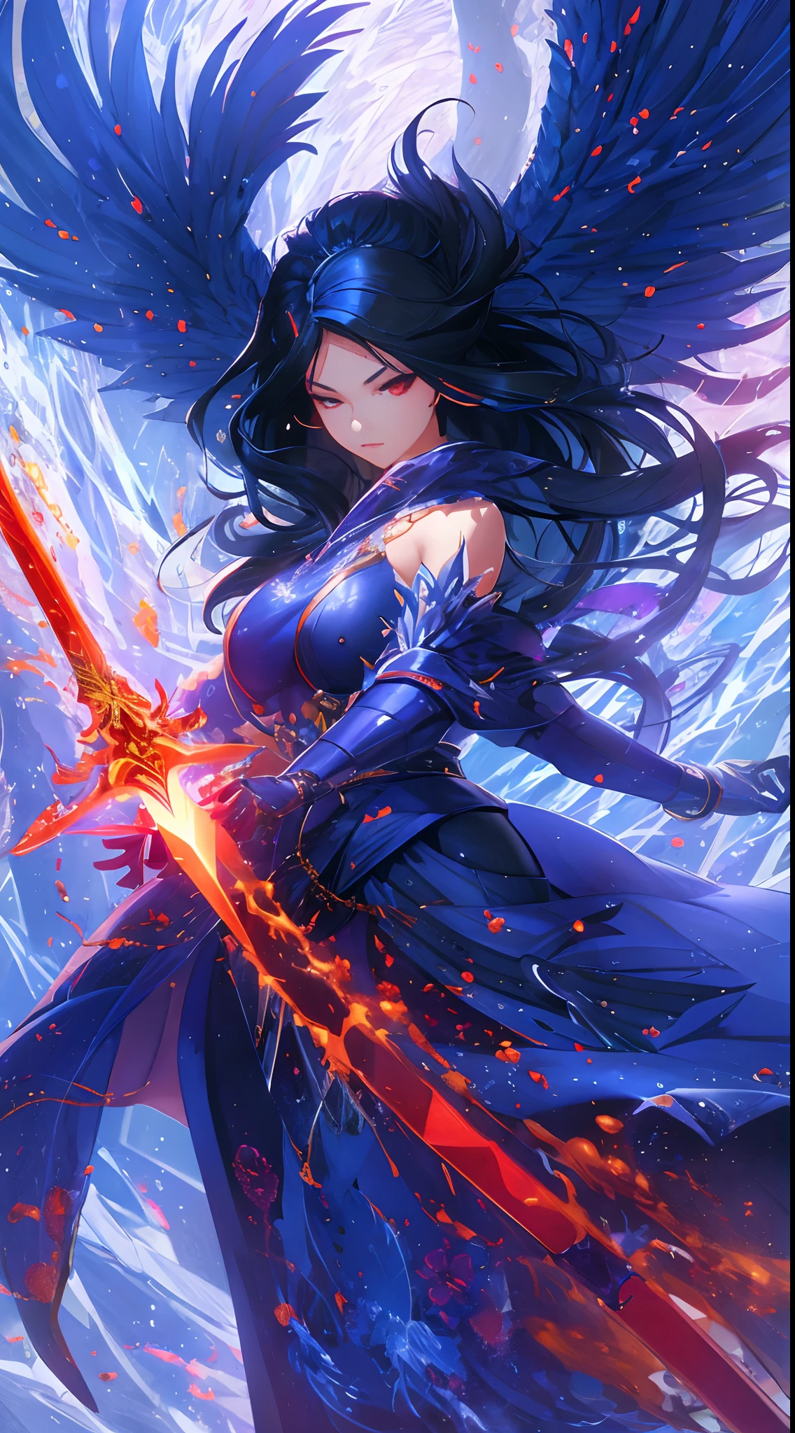 "1girl with black hair and red eyes, embodying the essence of an ice witch. She is surrounded by swirling blood and illuminated by mesmerizing light particles and rays. The background is a captivating wallpaper with high contrast and vibrant colors. A majestic blue fire phoenix soars behind her, and she holds a glowing sword in her hand, ready for battle.+"