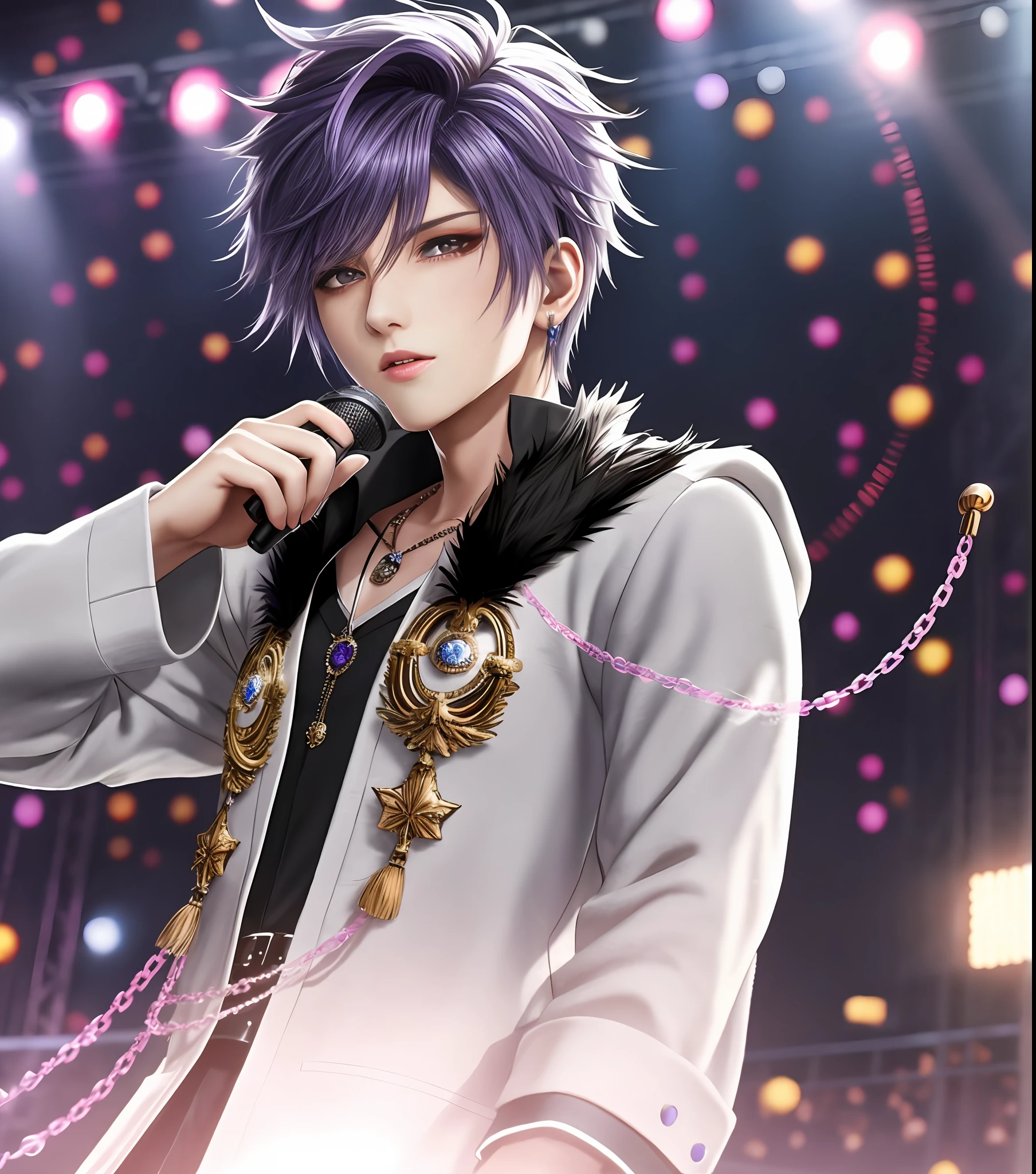 During a concert on stage, Idol Photos, Professional Photos, shot from back, Photographed so that the whole body can be seen, shot from back, At Fed Man with Necklace, inspired by Sim Sa-jeong, androgynous vampire, :9 detailed face: 8, extra detailed face, detailed punk hair, ((Gray)) baggy eyes, Seductive. Highly detailed, semi realistic anime, Vampires, hyperrealistic teen, delicate androgynous prince, imvu, Bright purple hair, Gray eyes, Black Casual Korean Fashion, Microphone in one hand, Hiding both eyes with bangs, I can't see both eyes with bangs, Long bangs, short hair above the ears, Glaring expression, Wild look, looking distantly, high-level image quality, masterpiece, ((1 male human))