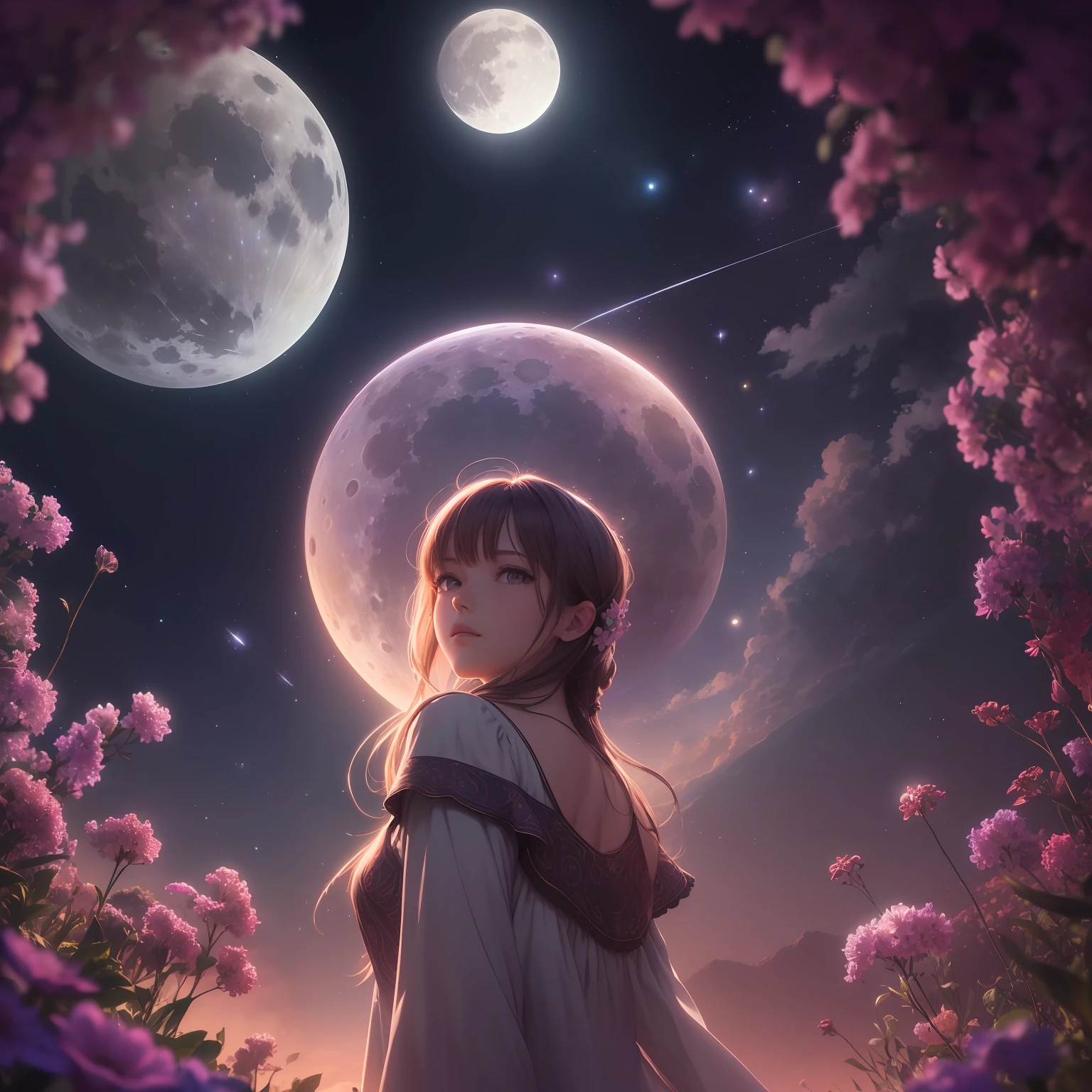 Vast landscape photos, (view from below with a view of the sky and wilderness below), Girl standing in a flower garden and looking up, (fullmoon: 1.2), (shooting stars: 0.9), (nebulas: 1.3), distant mountain, Tree Break Production Art, (Warm light source: 1.2), (firefly: 1.2), apples, Purple and orange, intricate detailes, Volume Lighting, Realism Break (masutepiece: 1.2) (Best Quality), 4K, Ultra-detailed, (Dynamic configuration: 1.4), Highly detailed and colorful details, (Iridescent colors: 1.2), (Glowing lighting, Atmospheric lighting), Dreamy, Magical, (Solo: 1.2)