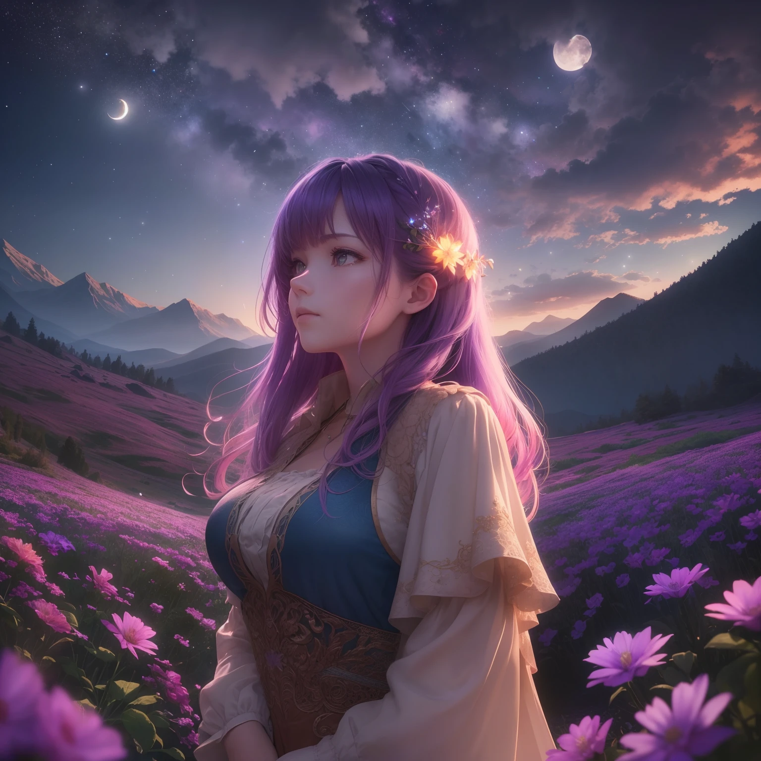 Vast landscape photos, (view from below with a view of the sky and wilderness below), Girl standing in a flower garden and looking up, (fullmoon: 1.2), (shooting stars: 0.9), (nebulas: 1.3), distant mountain, Tree Break Production Art, (Warm light source: 1.2), (firefly: 1.2), apples, Purple and orange, intricate detailes, Volume Lighting, Realism Break (masutepiece: 1.2) (Best Quality), 4K, Ultra-detailed, (Dynamic configuration: 1.4), Highly detailed and colorful details, (Iridescent colors: 1.2), (Glowing lighting, Atmospheric lighting), Dreamy, Magical, (Solo: 1.2)