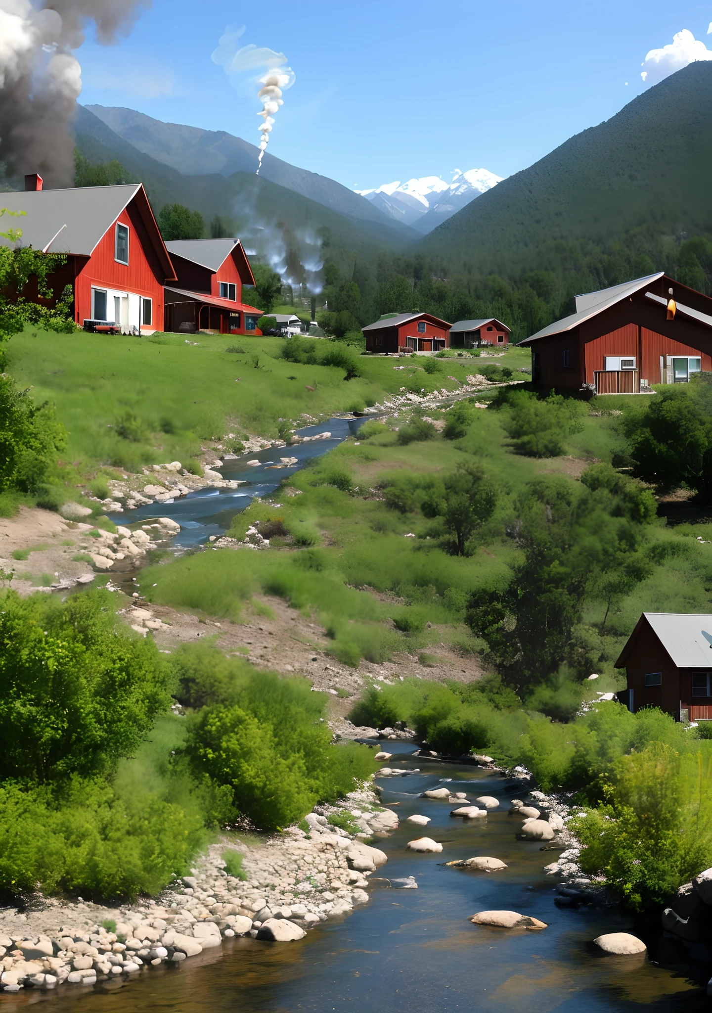 Secluded in the mountains，There is a creek，Houses by the creek are smoking from cooking