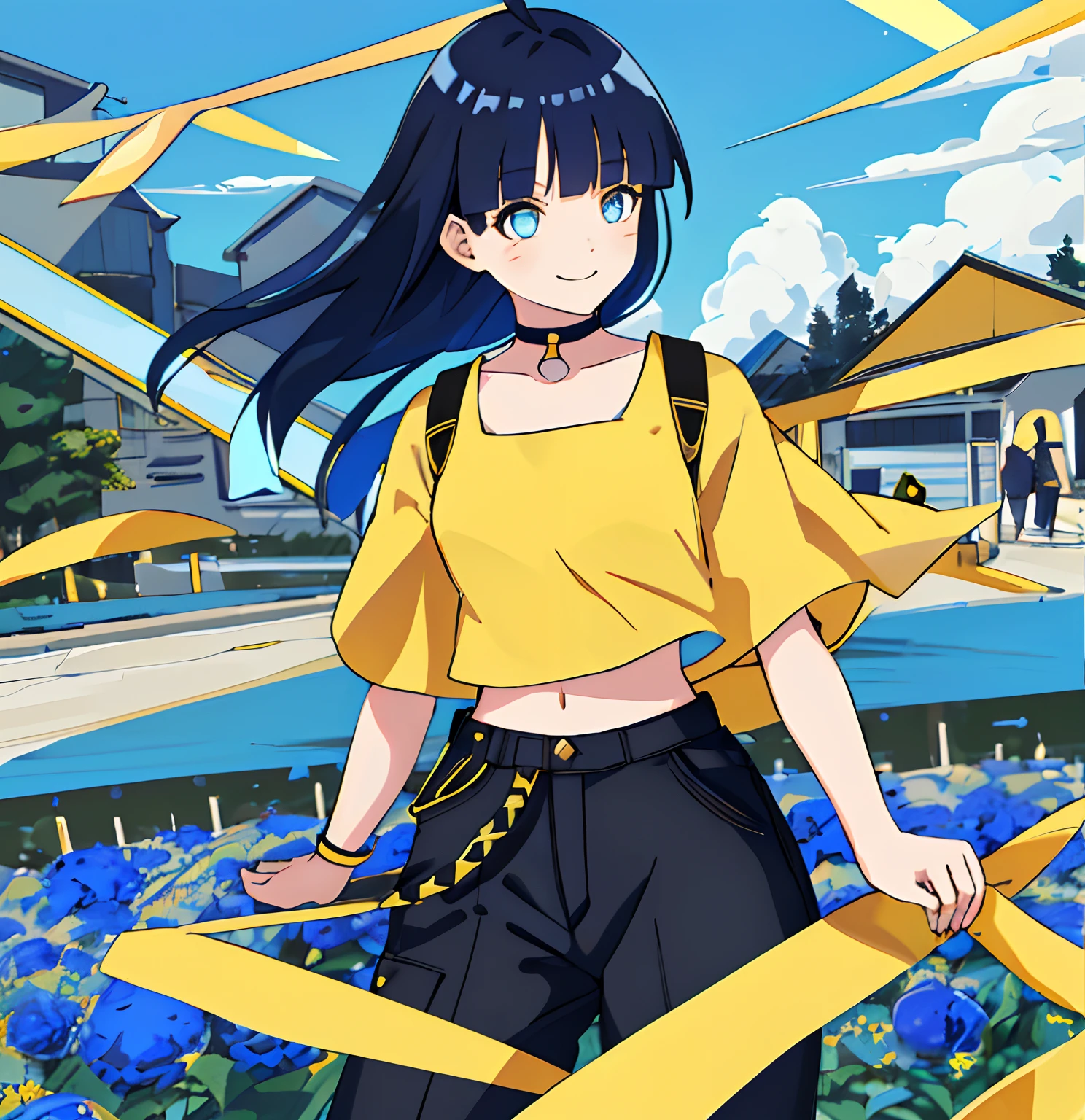 (high-quality, breathtaking),(expressive eyes, perfect face), short, young girl, long dark blue hair, blue eyes, smiling, white crop top, long black pants, choker, urban setting, sunshine, blue sky, shine, glow, yellow flowers, blunt bangs, himawari uzumaki, long hair.