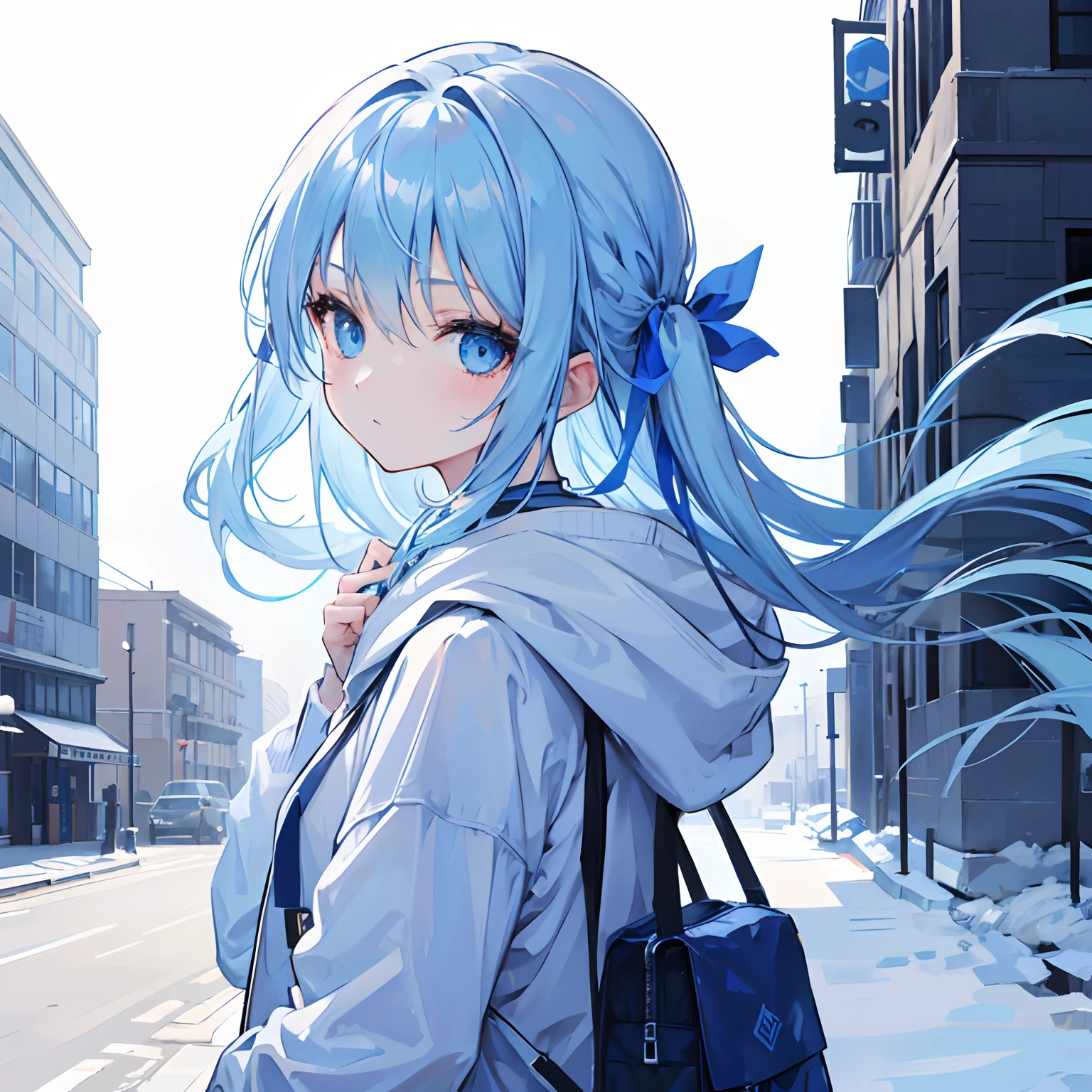 Anime girl with blue hair and blue eyes walking down a street - SeaArt AI