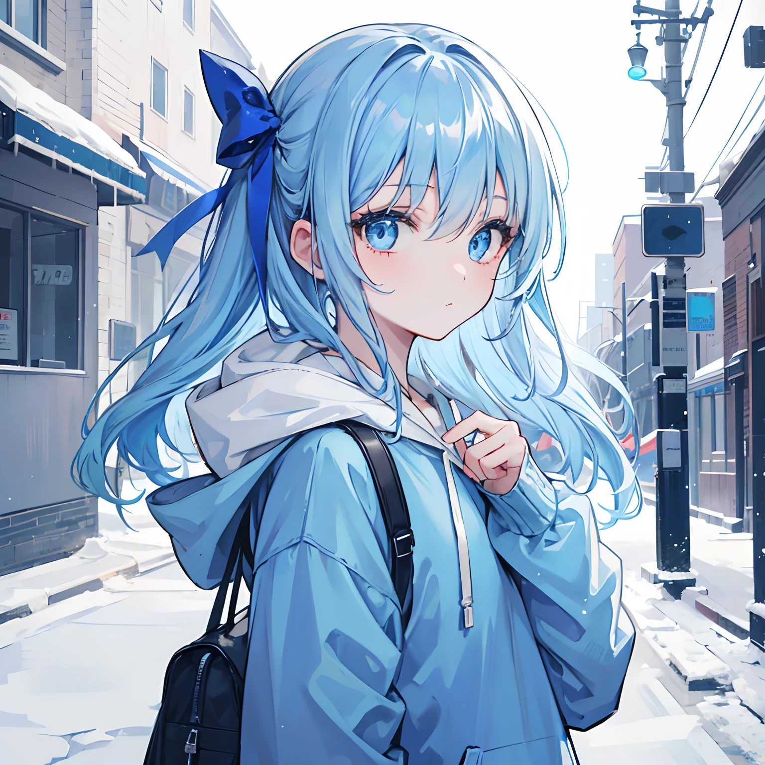 1girl,light blue hair,blue eyes,hair ribbon,blue hoodie,winter,looking at viewer,profile picture