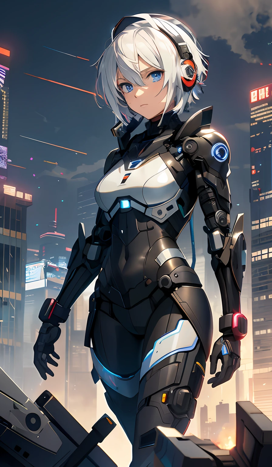 best qualityer,tmasterpiece,Ultimate resolution,downy,Extremely colorful,Colorful,Women combatants,a matural female,Short white hair,Dark blue eyes,Technology-enabled headsets,Tight combat suit,tightsuit,With a belt,Steel City background,the night,Normal posture