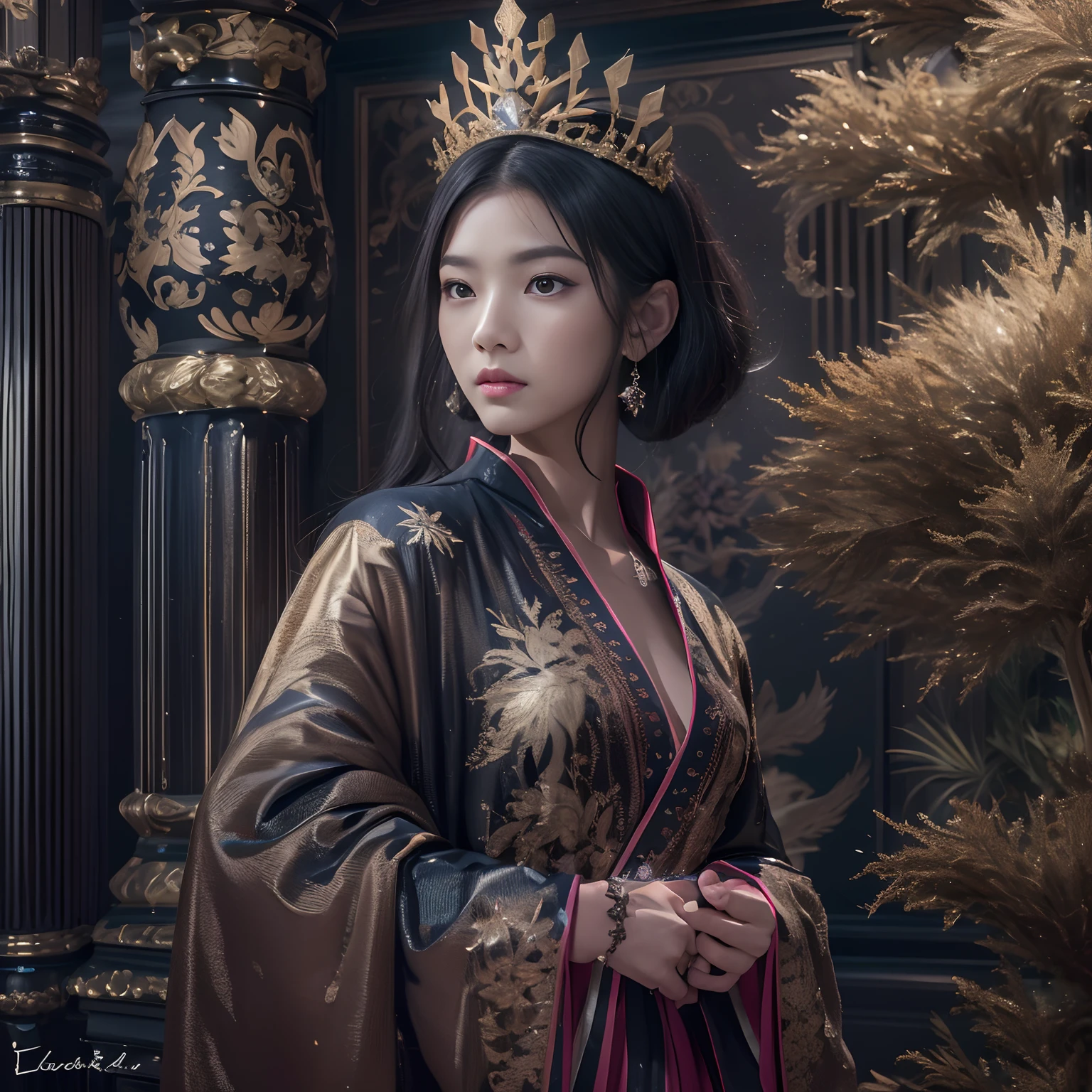 32K(tmasterpiece,k hd,hyper HD,16k)with short black hair,Pond in the back room,Black burgundian hair girl ,Golden Dragon Protector (realisticlying:1.4),Python robe,Purple-pink tiara,Snowflakes fluttering,The background is pure, A high resolution, the detail, RAW photogr, Sharp Re, Nikon D850 Film Stock Photo by Jefferies Lee 4 Kodak Portra 400 Camera F1.6 shots, Rich colors, ultra-realistic vivid textures, Dramatic lighting, Unreal Engine Art Station Trend, cinestir 800,Close-up of the side of the half