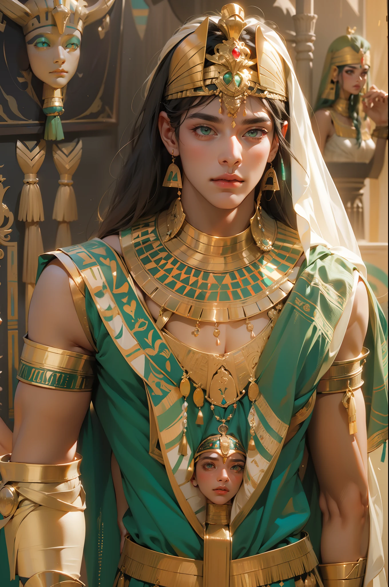 two guys，1 man，Man with long black hair，Egyptian attire，Egyptian dress-up，Young men，Fit and fit，1girl,Blonde hair，Straight blonde hair，Egyptian attire，Egyptian dress-up，queen of Egypt，goddes，Young girls，Emerald eyes，Elaborate Eyes，beauitful face，Stand by the lotus pond，Meticulous CG，Cinematic imagery，Beautiful，skin is smooth and fair，super high image quality