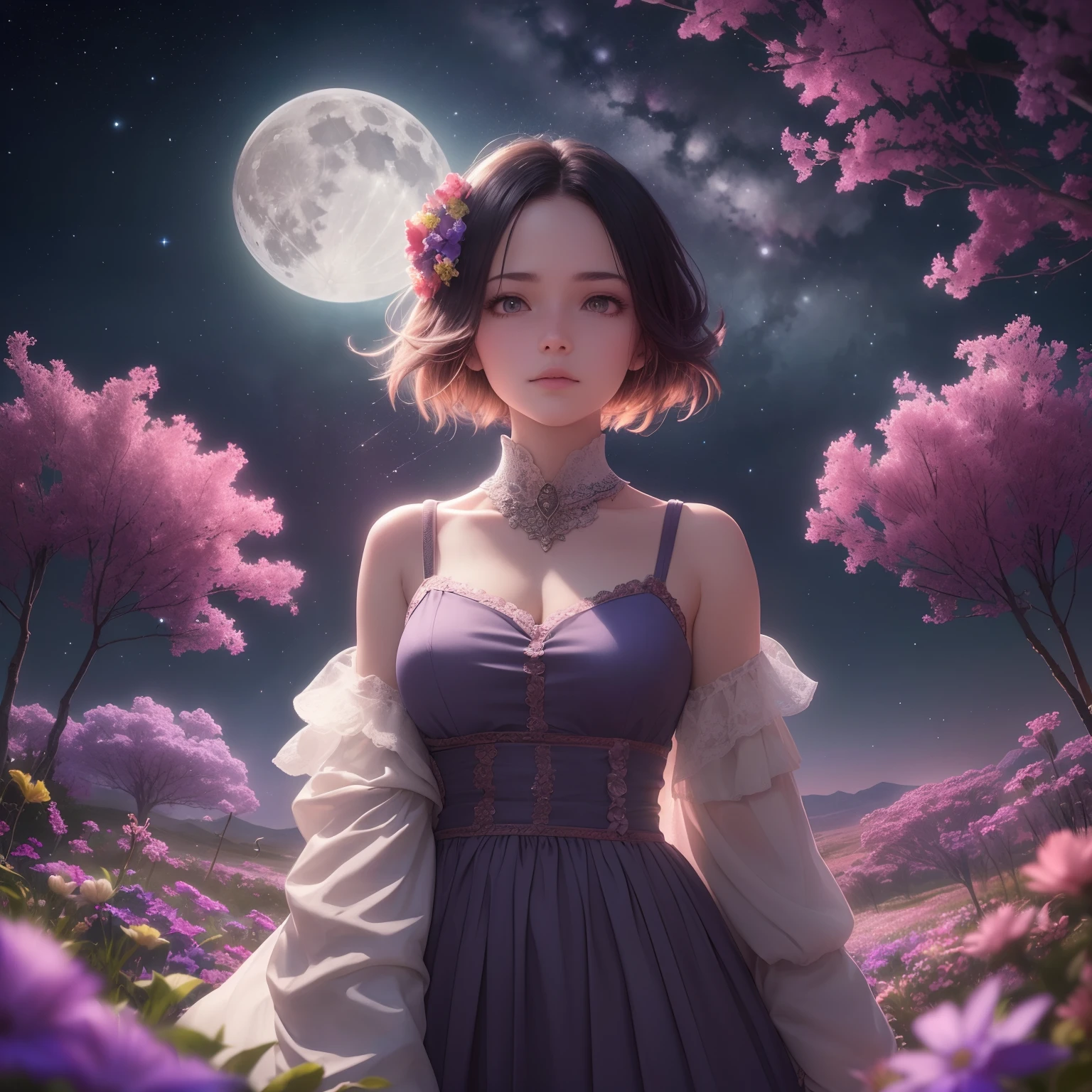 Vast landscape photos, (view from below with a view of the sky and wilderness below), Girl standing in a flower garden and looking up, (fullmoon: 1.2), (shooting stars: 0.9), (nebulas: 1.3), distant mountain, Tree Break Production Art, (Warm light source: 1.2), (firefly: 1.2), apples, Purple and orange, intricate detailes, Volume Lighting, Realism Break (masutepiece: 1.2) (Best Quality), 4K, Ultra-detailed, (Dynamic configuration: 1.4), Highly detailed and colorful details, (Iridescent colors: 1.2), (Glowing lighting, Atmospheric lighting), Dreamy, Magical, (Solo: 1.2)