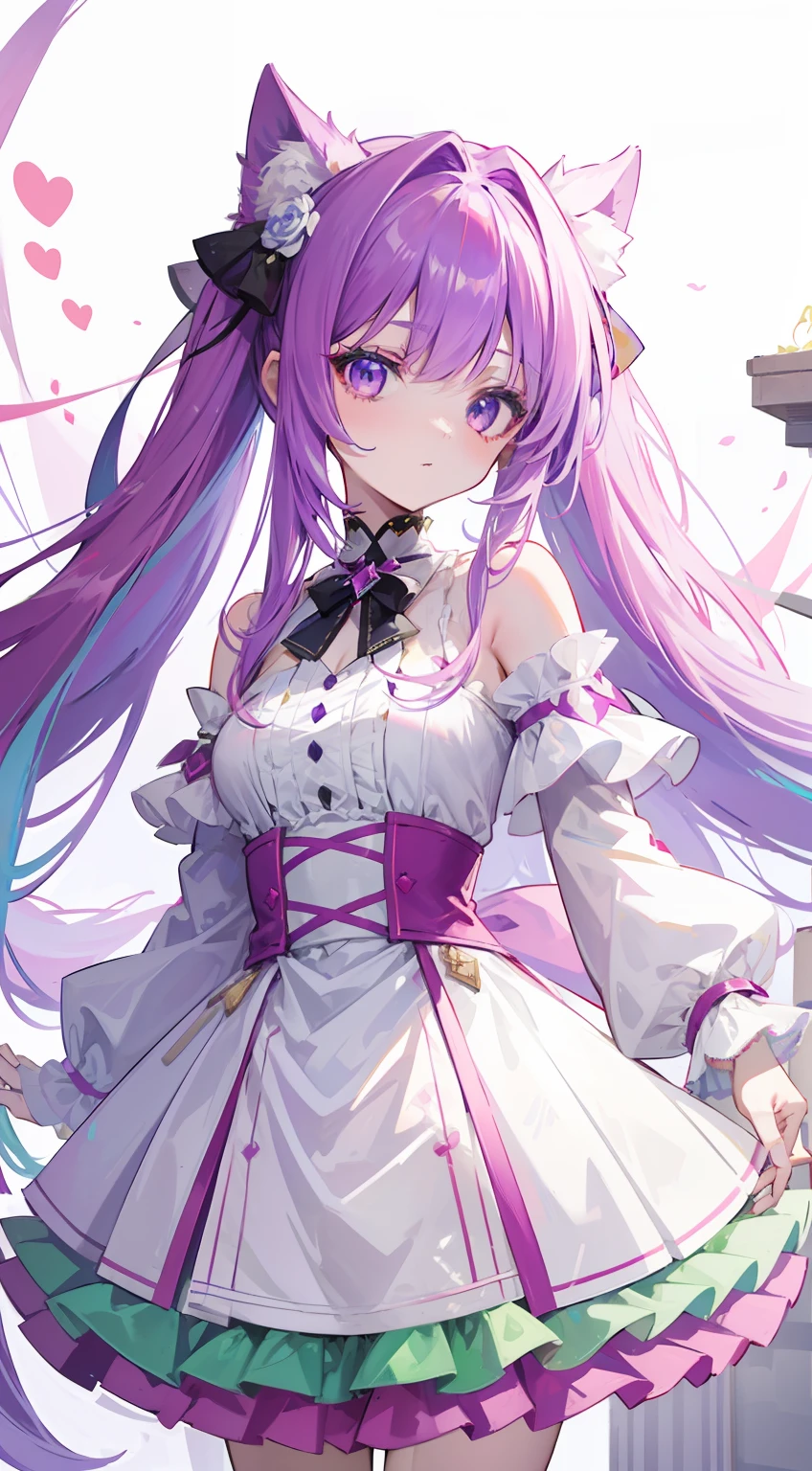 Fantastic shiny light green purple long hair,Purple and red with white clothes,The eyes are light blue,This is a cute sweet girl,Soft girl