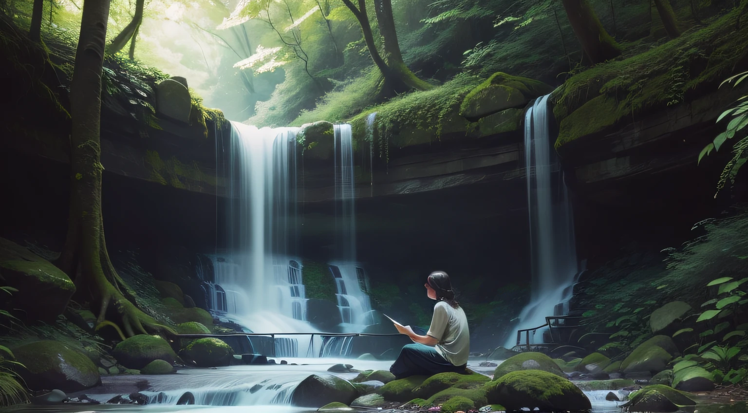 : A contemplative writer sitting by a cascading waterfall, surrounded by a lush and tranquil forest, soft sunlight filtering through leaves, capturing the writer's pensiveness, intricate details of their writing tools, and the serene ambiance, Photography, DSLR with 50mm prime lens, f/2.8 aperture, --ar 16:9 --v 5