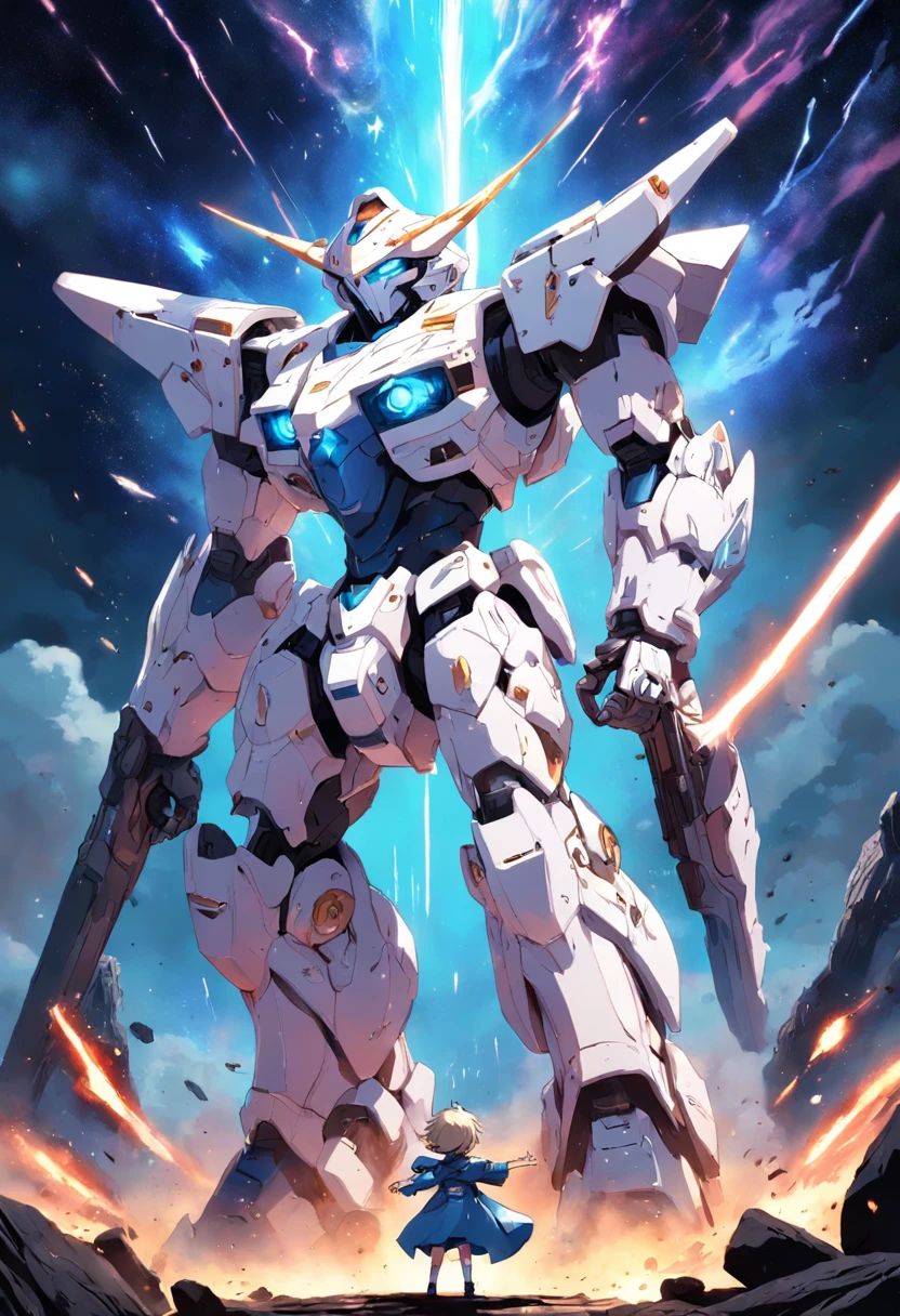 "The fierce battle of the cosmic galaxy,White mech warriors battle a group of blue Zagu mechs,The beam sword dances,Beam cannon fire intertwines into a spectacular sight,In ruins,A small child stands upright。"