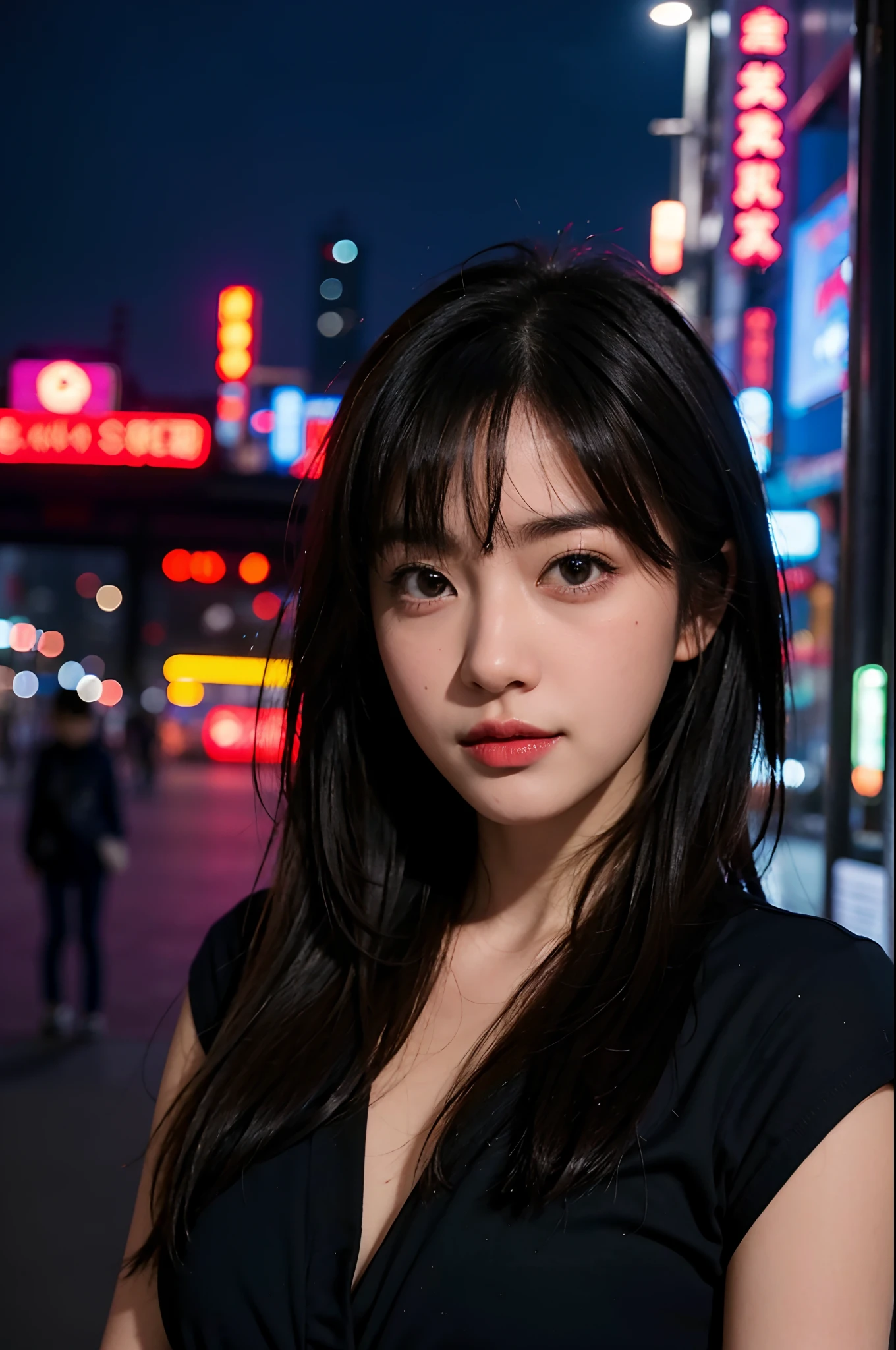 1girl, Tokyo street,night, cityscape,city lights, upper body,close-up, 8k, RAW photo, best quality, masterpiece,realistic, photo-realistic,