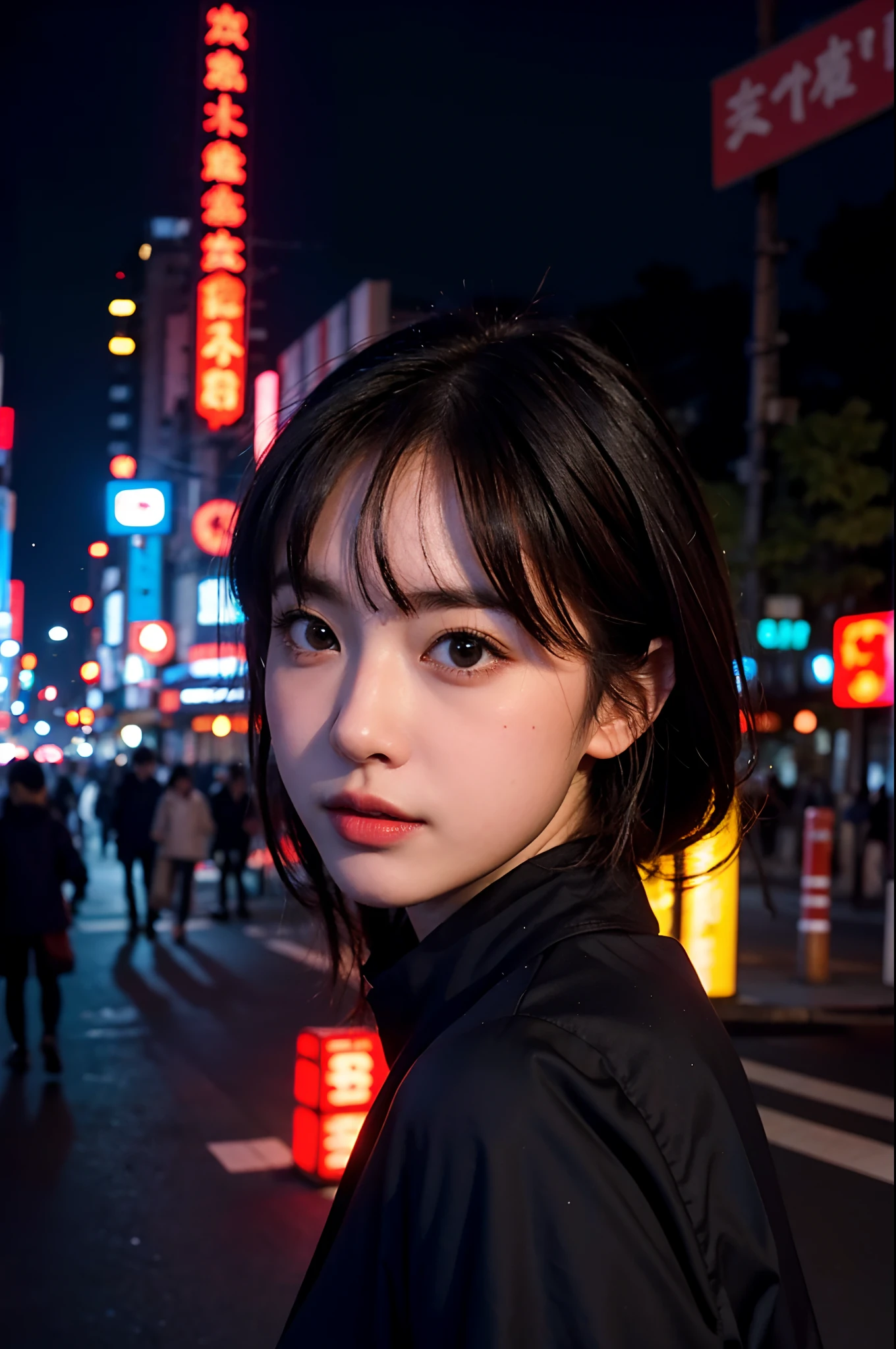 1girl, Tokyo street,night, cityscape,city lights, upper body,close-up, 8k, RAW photo, best quality, masterpiece,realistic, photo-realistic,