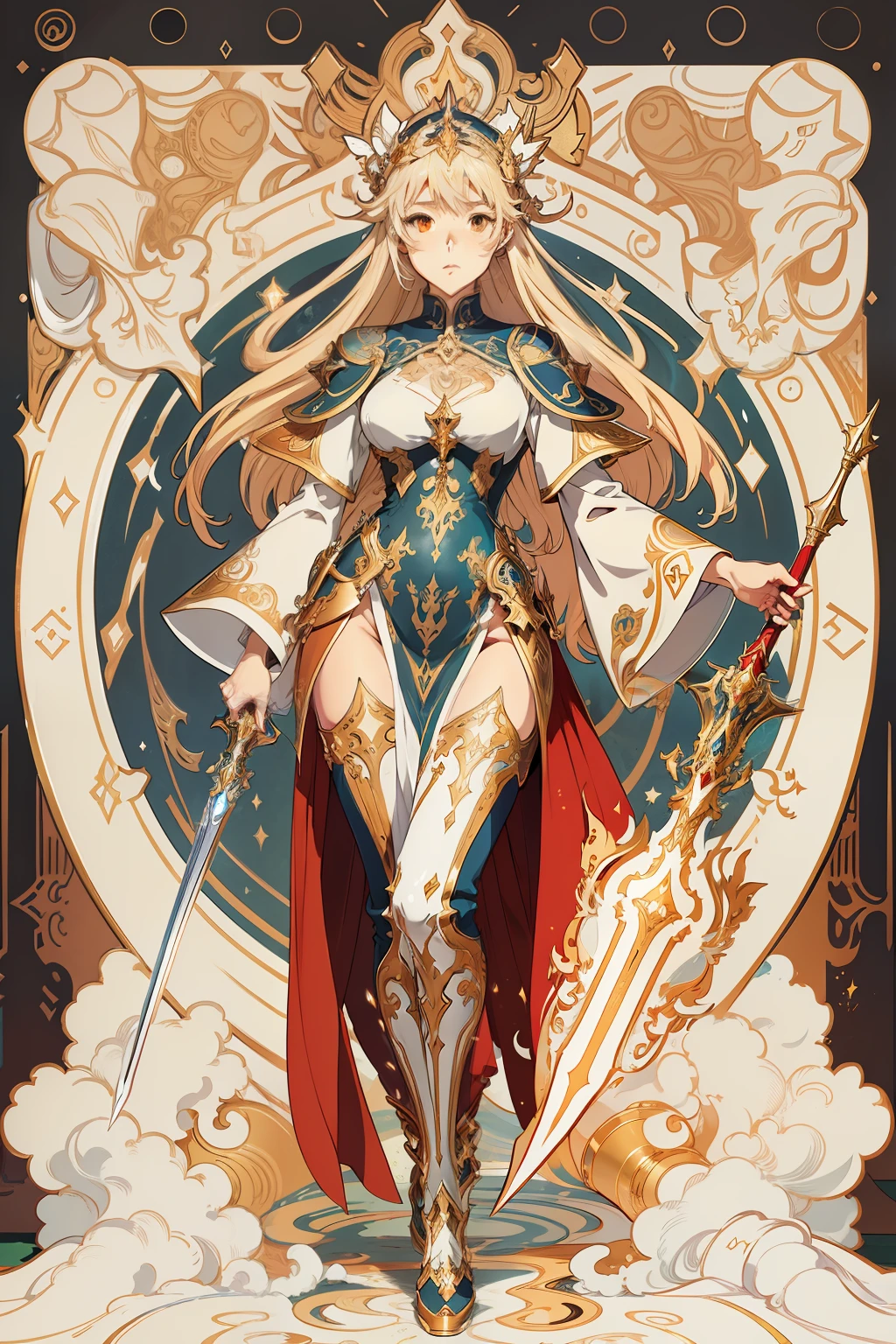 arafed image of a man with a star sword in he hands, alphonse mucha and rossdraws, mucha style 4k, artgerm mucha, korean art nouveau anime, portrait knights of zodiac girl, goddess. extremely high detail, anime fantasy illustration, detailed digital anime art, gorgeous goddess of leo, anime art nouveau, talor liner, stick liner, clear line. perfect post leg and shose. backgourd no face. red gold outfit,