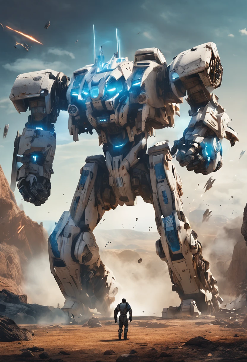 "The fierce battle of the cosmic galaxy,White mech warriors battle a group of blue Zagu mechs,The beam sword dances,Beam cannon fire intertwines into a spectacular sight,In ruins,A small child stands upright。"