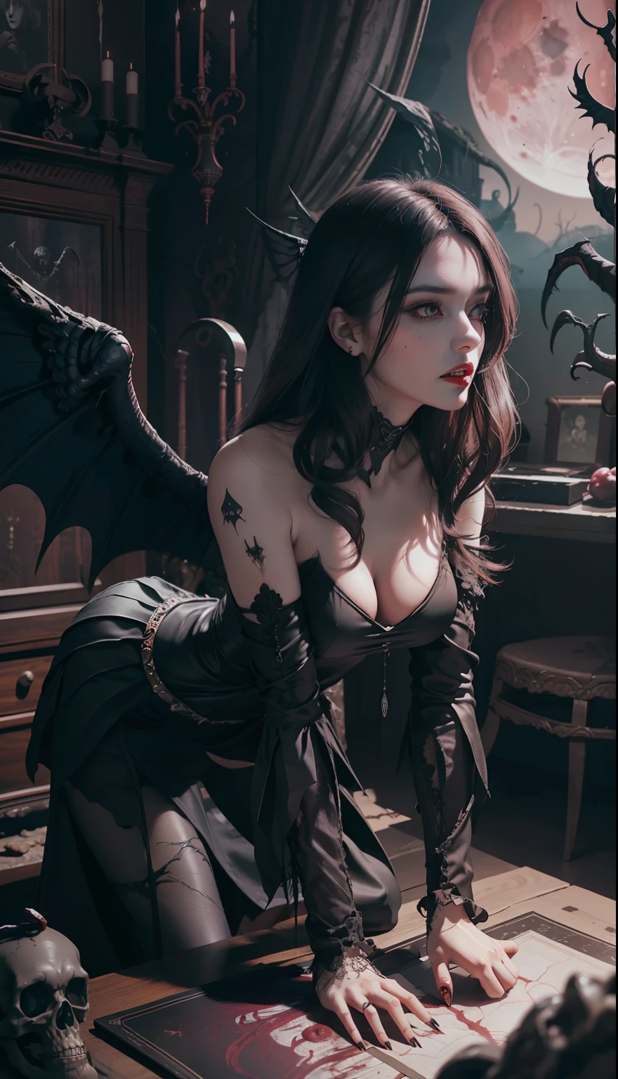 Fine matte paint，Skeleton Dark Angel, Haunted castle with large wings, Fill the drawing table with a knife，terroral，uncanny，horrid，secret terror，tentaculata，grape trees，The eye，uncanny valley effect teeth，all  fours，Critters，Blood Moon，Sharp fangs，vampire tooth，Blood