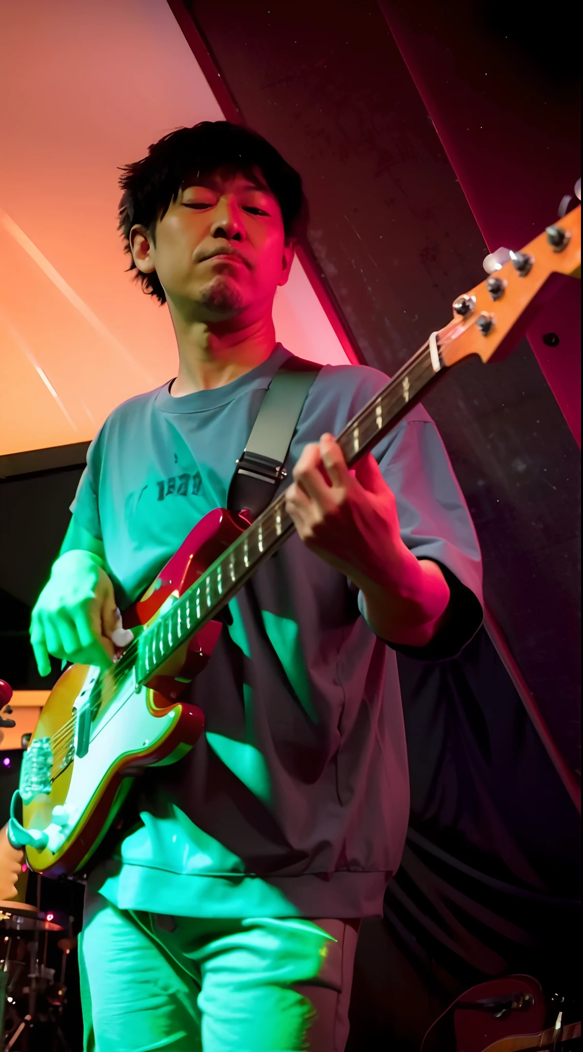Ala Fed Man playing guitar in green light, bassist, playing guitar onstage, rocking out, Playing electric guitar, performing on stage, photograph taken in 2 0 2 0, guitarrist, up close shot shinji aramaki, performing, shot with sigma f/ 4.2, shot with sigma f / 4. 2, shigeto koyama
