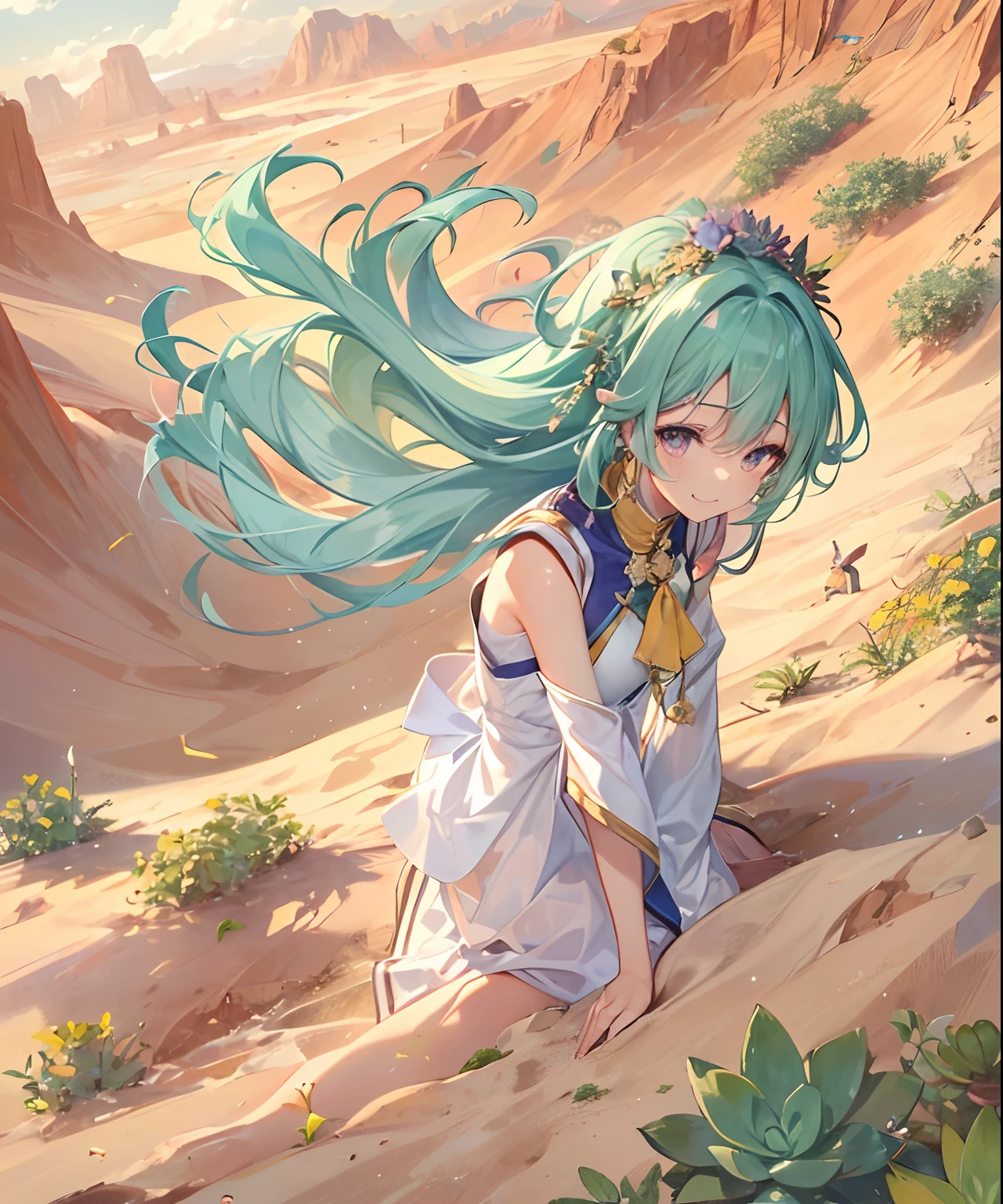 (((​masterpiece)))、(((top-quality)))、((ultra-detailliert))、(illustratio)、((extremely delicate and beautiful))、、Bright smile、floating、Light purple hair、(Detailed light) (1girl in)、、独奏、The long-haired、The wind is blowing、A WORLD、In nature、(A desert)、（cute eye）、Yellow sand in the sky，The background is a vast desert, Desert Oasis，，Succulents，（View from the air）、（Loose clothing with good ventilation）