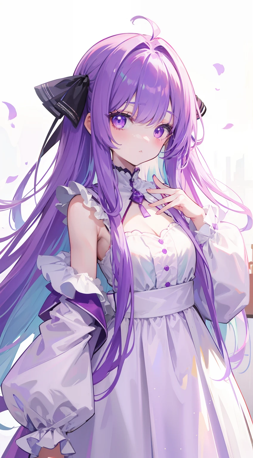 Fantastic shiny light green purple long hair,Purple and red with white clothes,The eyes are light blue,This is a cute sweet girl,Soft girl