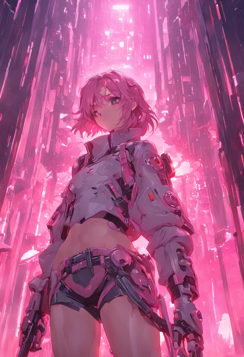 ((Best Quality)), ((Masterpiece)), (Very Detailed:1.3), 3D, Shitu-mecha, Beautiful cyberpunk woman with her pink mech in the ruins of a city in the forgotten war, Ancient technology, HDR (High Dynamic Range), ray tracing, NVIDIA RTX, super resolution, unreal 5, subsurface scattering, PBR texture, post-processing, anisotropic filtering, depth of field, maximum sharpness and sharpness, multi-layer texture, albedo and highlight maps, surface shading, Accurate simulation of light-material interactions, perfect proportions, octane rendering, duotone lighting, low ISO, white balance, rule of thirds, wide aperture, 8K RAW, efficient sub-pixels, subpixel convolution, luminescent particles, light scattering, Tyndall effect