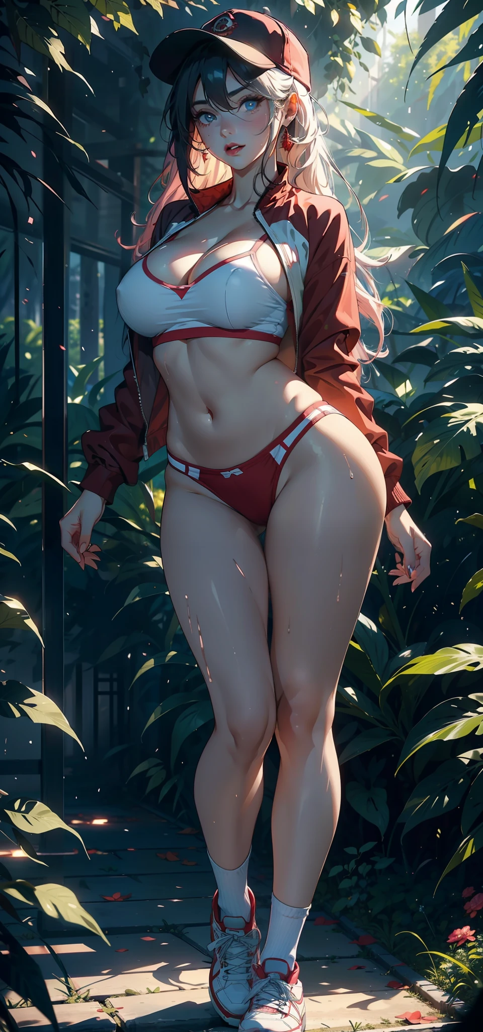 1female,35yo,熟妇,gigantic cleavage breasts,Big breasts Thin waist,long leges,Pornographic exposure, 独奏,(Background with:ln the forest,the rainforest,in summer) She has long pink hair,standing on your feet,Sweat profusely,drenched all over the body,seen from the front, hair straight, mostly cloudy sky,(((tmasterpiece),(Very detailed CG unity 8K wallpaper),best qualtiy,cinmatic lighting,detailed back ground,beatiful detailed eyes,Bright pupils,blue color eyes,Redlip(Very fine and beautiful),(Beautiful and detailed eye description),ultra - detailed,tmasterpiece,)),facing at camera,(Full body photo),Show shoes,A high resolution,ultra - detailed),revealing breasts,Bare genitalia, Lower body elevation,Raised sexy,Camel toes,Flushed complexion,Open-mouthed,frontage,baseball cap(Wearing:Red baseball jacket,Sex shorts,athletic sneakers)nakeness,full bodyesbian,Show shoes
