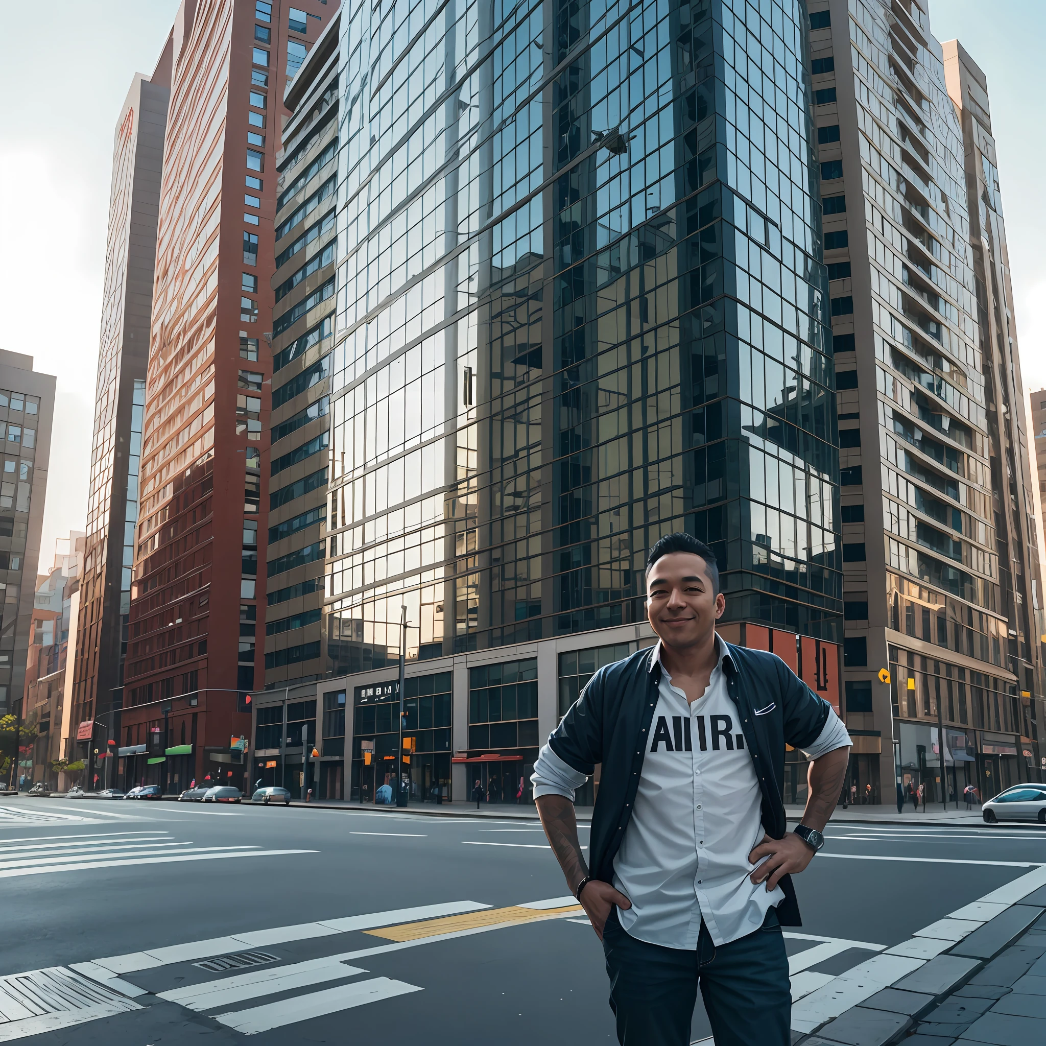 A designer with an air of satisfaction in front of a 15-story building --auto --s2