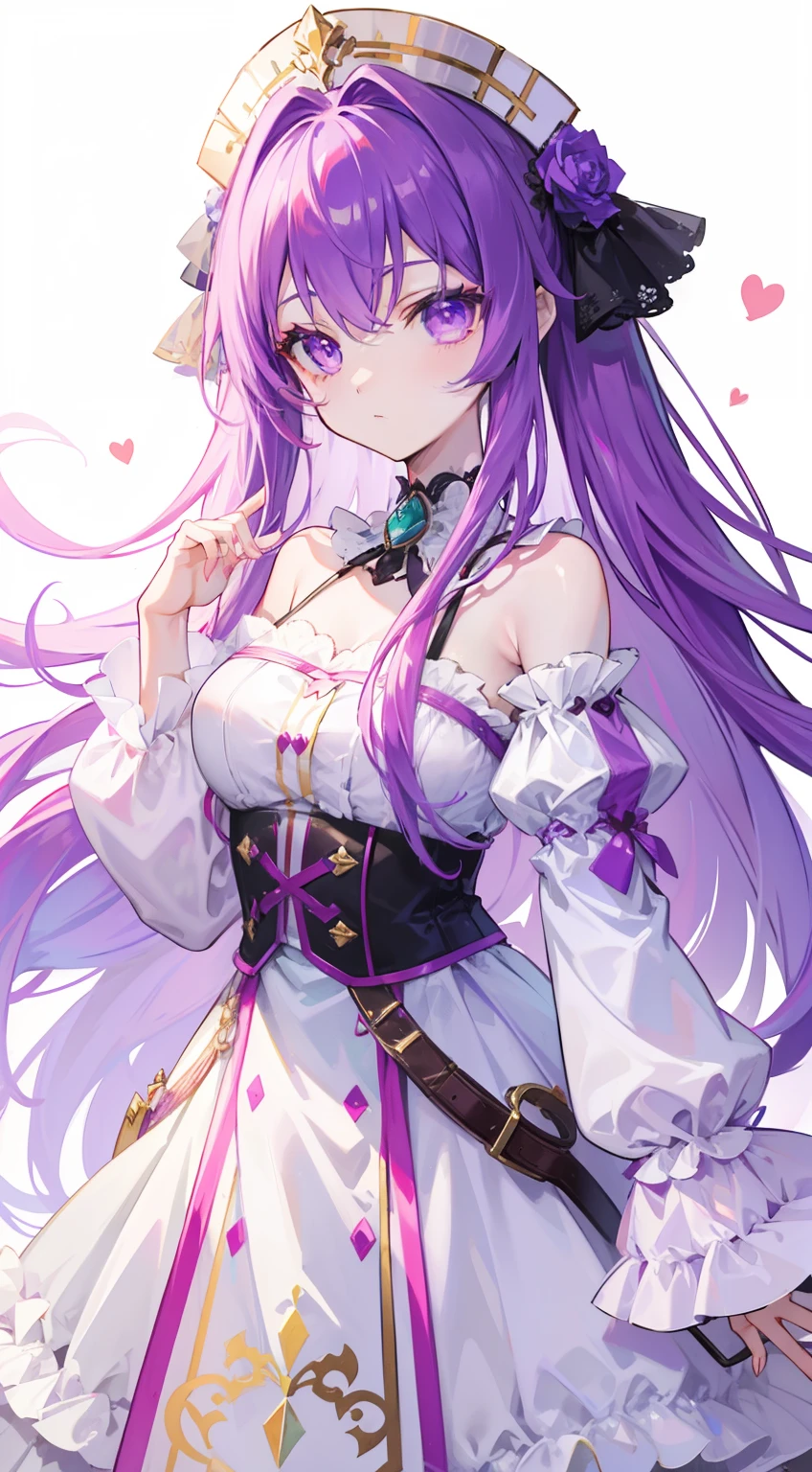 Fantastic shiny light greenish purple long hair,Purple and red with white clothes,The eyes are light blue,This is a cute sweet girl,Soft girl