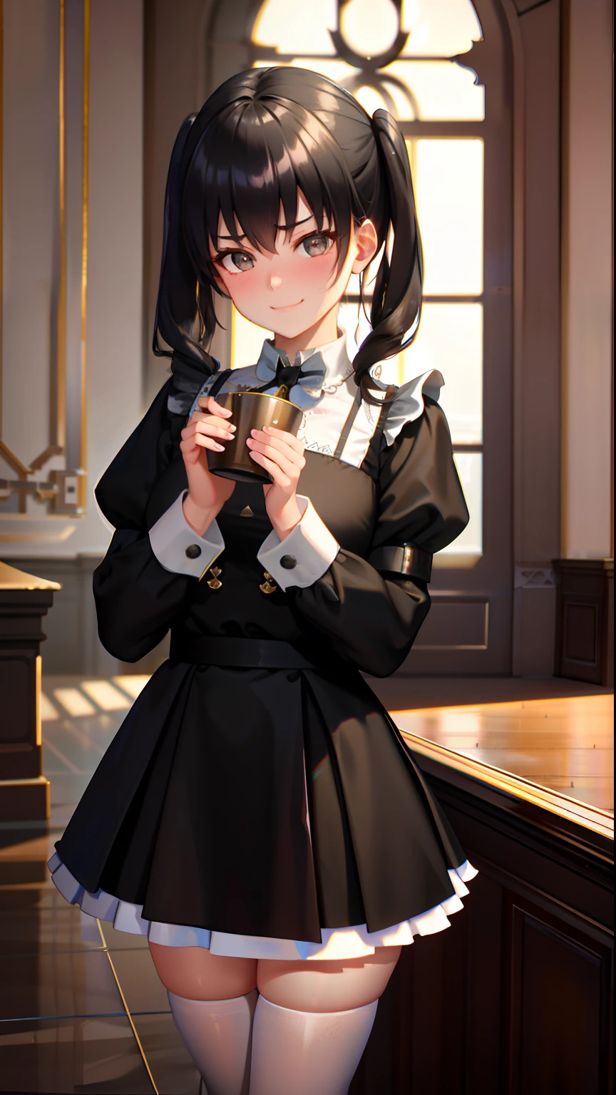 ​masterpiece, top-quality,  Detailed details, Detailed landscapes, beatiful lights, Beautiful Shadows, 1girl in, sixteen years old,Black eyes,Shy smile, embarassed expression,a miniskirt.Maid appearance,(low angles), detailed skin textures, Tyndall effect,Tea,Offering tea,mansion