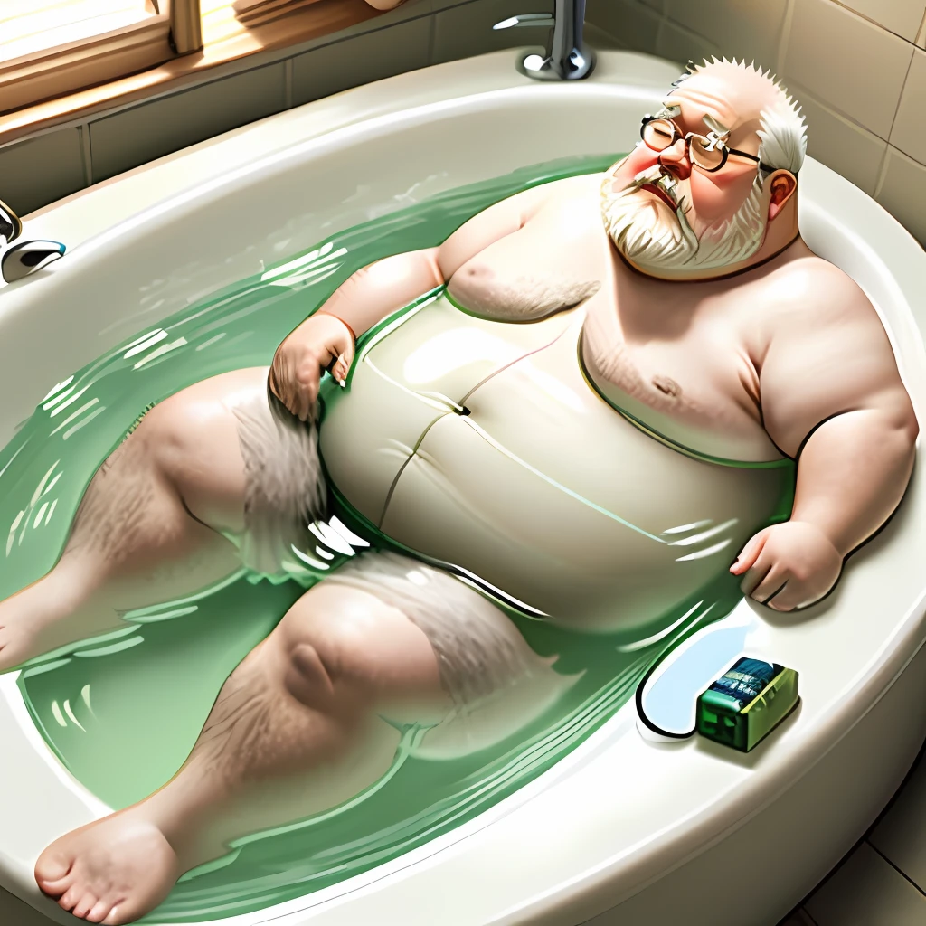 jpn,Fat old man with white beard,Lie in the bathtub,Bath,Naked,little duck,Whole body diagram,flat lay,The abdomen is exposed to the surface,