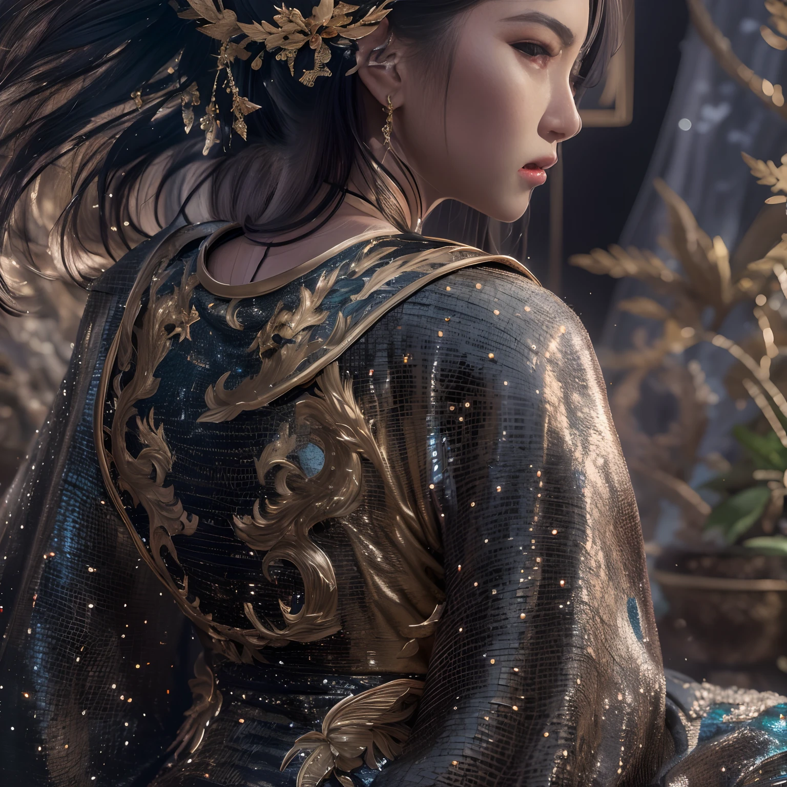 32K（tmasterpiece，k hd，hyper HD，16k）with short black hair，Canyon in the back room，Black burgundian hair girl ，Golden Dragon Protector （realisticlying：1.4），Python robe，Purple-pink tiara，Snowflakes fluttering，The background is pure， A high resolution， the detail， RAW photogr， Sharp Re， Nikon D850 Film Stock Photo by Jefferies Lee 4 Kodak Portra 400 Camera F1.6 shots, Rich colors, ultra-realistic vivid textures, Dramatic lighting, Unreal Engine Art Station Trend, cinestir 800，Close-up of the side of the half