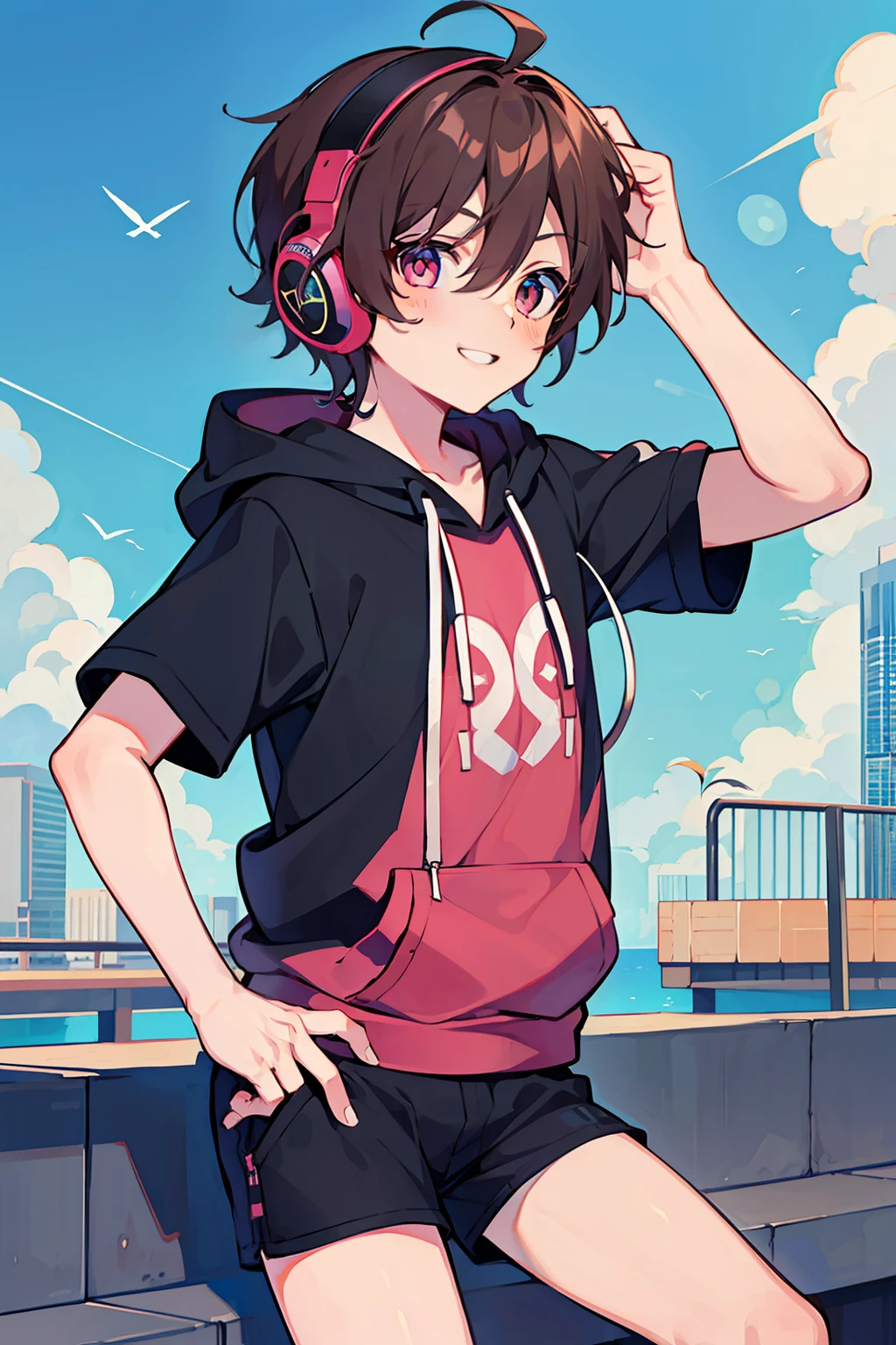 (high-quality, breathtaking),(expressive eyes, perfect face), 1boy, male, solo, short, young boy, short brown hair, pink eyes, smile, black hoodie, wear shorts, headphones, on street, sunny, blue sky
