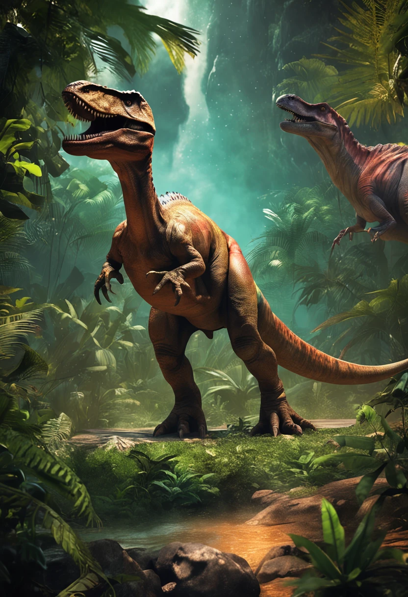 Dinosaurs resist waves,jungles,Super large reality,Ancient times