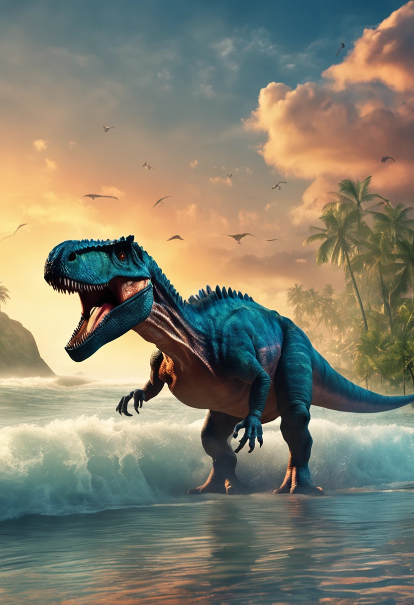 Dinosaurs resist waves,jungles,Super large reality,Ancient times