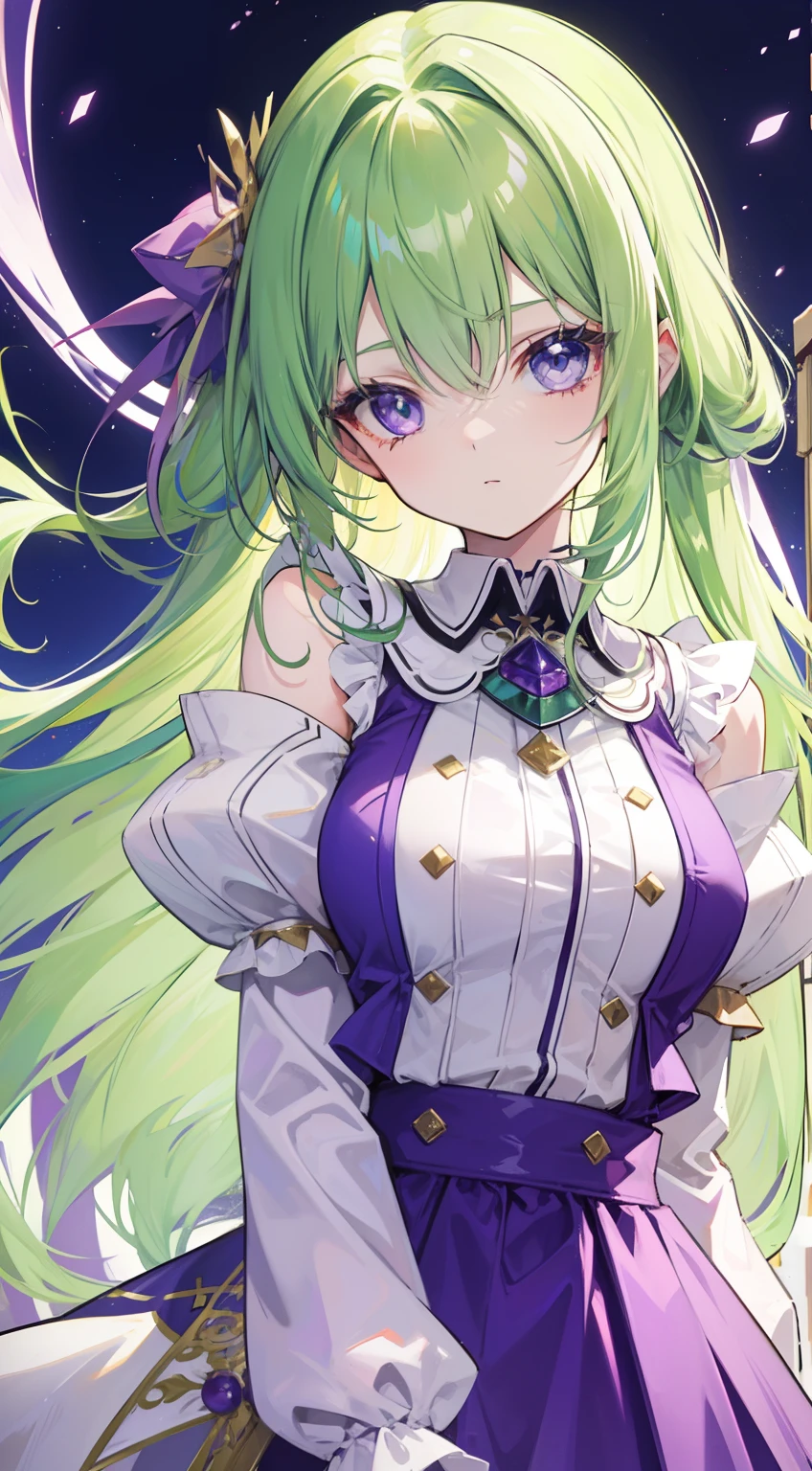 Fantastic shiny light greenish purple long hair，Green is the host color，Purple and red with white clothes，The eyes are light blue，This is a cute sweet girl，Soft girl