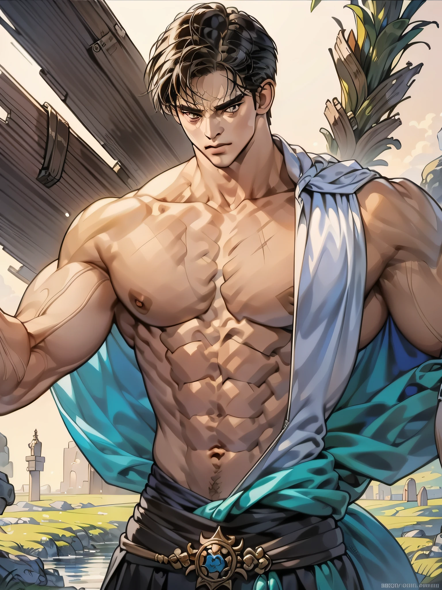 A man with a brown crew cut, upturned thick eyebrows, green eyes, a determined expression, long face, well-defined features, tall and muscular physique, a fantasy-style monk's robe, a torn collar revealing his sturdy chest muscles, bandages wrapped around his abdomen, kung fu pants, stands before a mystical mountain temple, this character embodies a finely crafted fantasy-style martial monk in anime style, exquisite and mature manga art style, high definition, best quality, highres, ultra-detailed, ultra-fine painting, extremely delicate, professional, perfect body proportions, golden ratio, anatomically correct, symmetrical face, extremely detailed eyes and face, high quality eyes, creativity, RAW photo, UHD, 32k, Natural light, cinematic lighting, masterpiece-anatomy-perfect, masterpiece:1.5