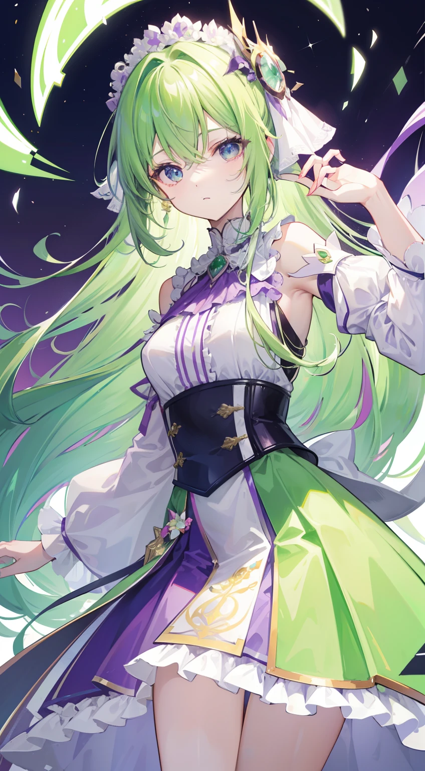 Fantastic shiny light greenish purple long hair，Green is the host color，Purple and red with white clothes，The eyes are light blue，This is a cute sweet girl，Soft girl