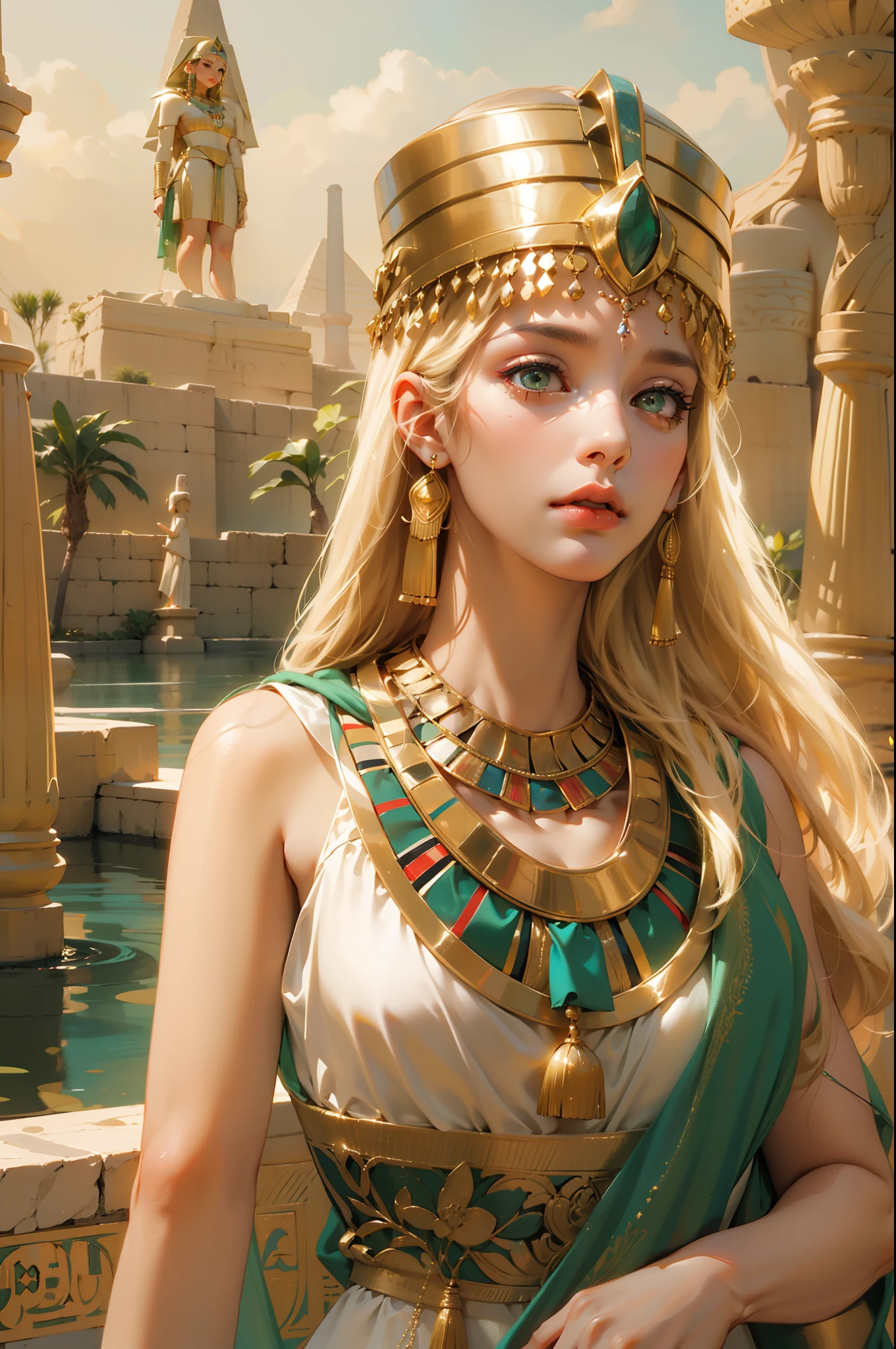 1girll,Blonde hair,Straight blonde hair,Egyptian attire,Egyptian dress-up,queen of Egypt,goddes,Young girls,Emerald eyes,Elaborate Eyes,beauitful face,Stand by the lotus pond,Meticulous CG,Movie images,Beautiful,skin is smooth and fair,super high image quality,Egyptian eyeliner,Egyptian Baotou