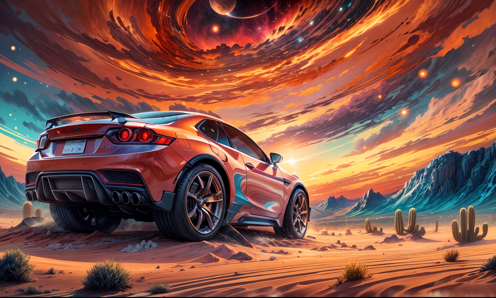 "Sport car, award-winning masterpiece, rendered in anime style with an oil painting effect. The vibrant illustration captures horror in a cosmic atmosphere. The wide shot of the desert location is showcased in high definition and astonishing 64K resolution, panoramic, masterpiece."