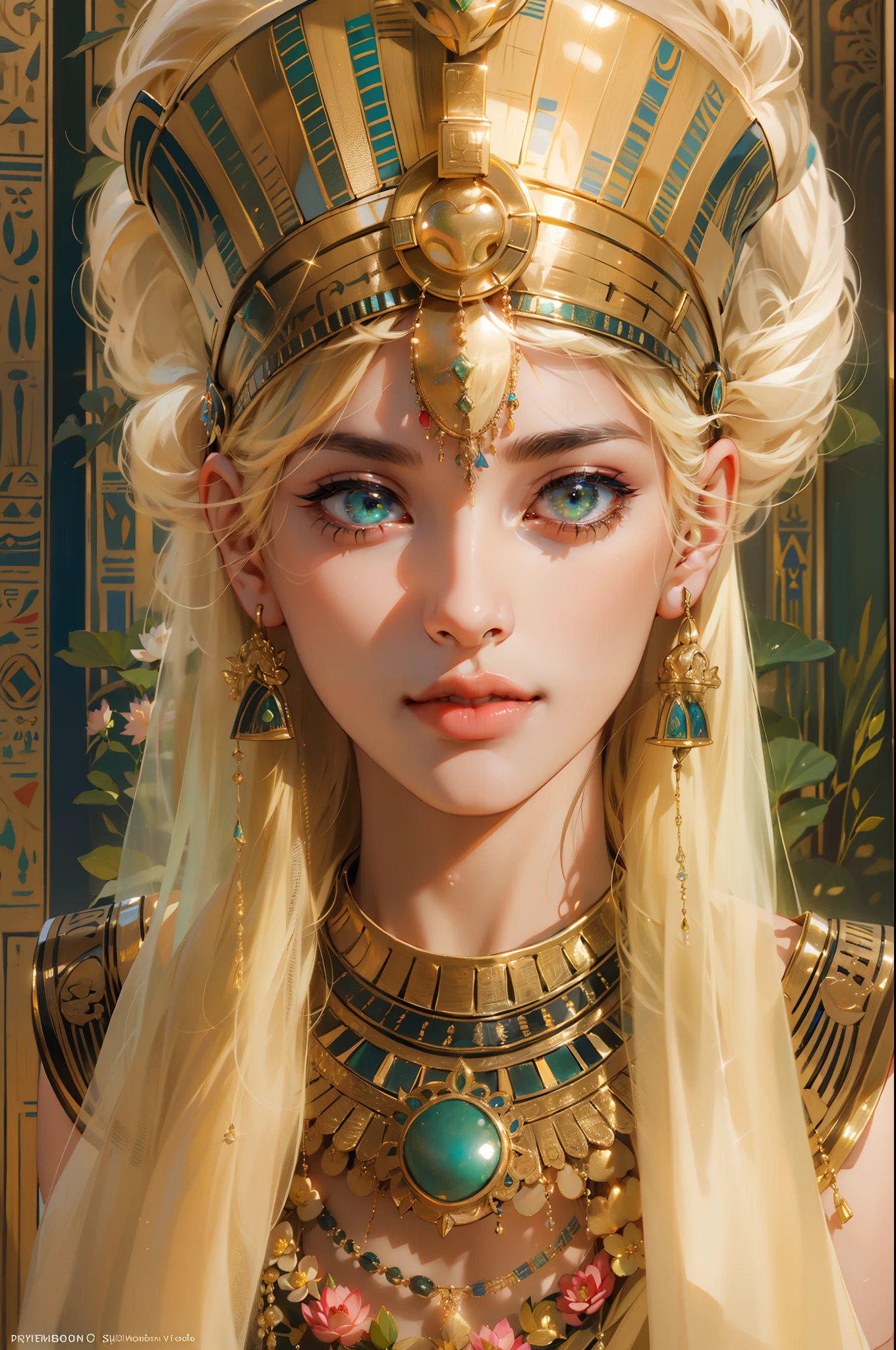 1girll,Blonde hair，Straight blonde hair，Egyptian attire，Egyptian dress-up，queen of Egypt，goddes，Young girls，Emerald eyes，Elaborate Eyes，beauitful face，Stand by the lotus pond，Meticulous CG，Movie images，Beautiful，skin is smooth and fair，super high image quality，Egyptian eyeliner，Egyptian Baotou