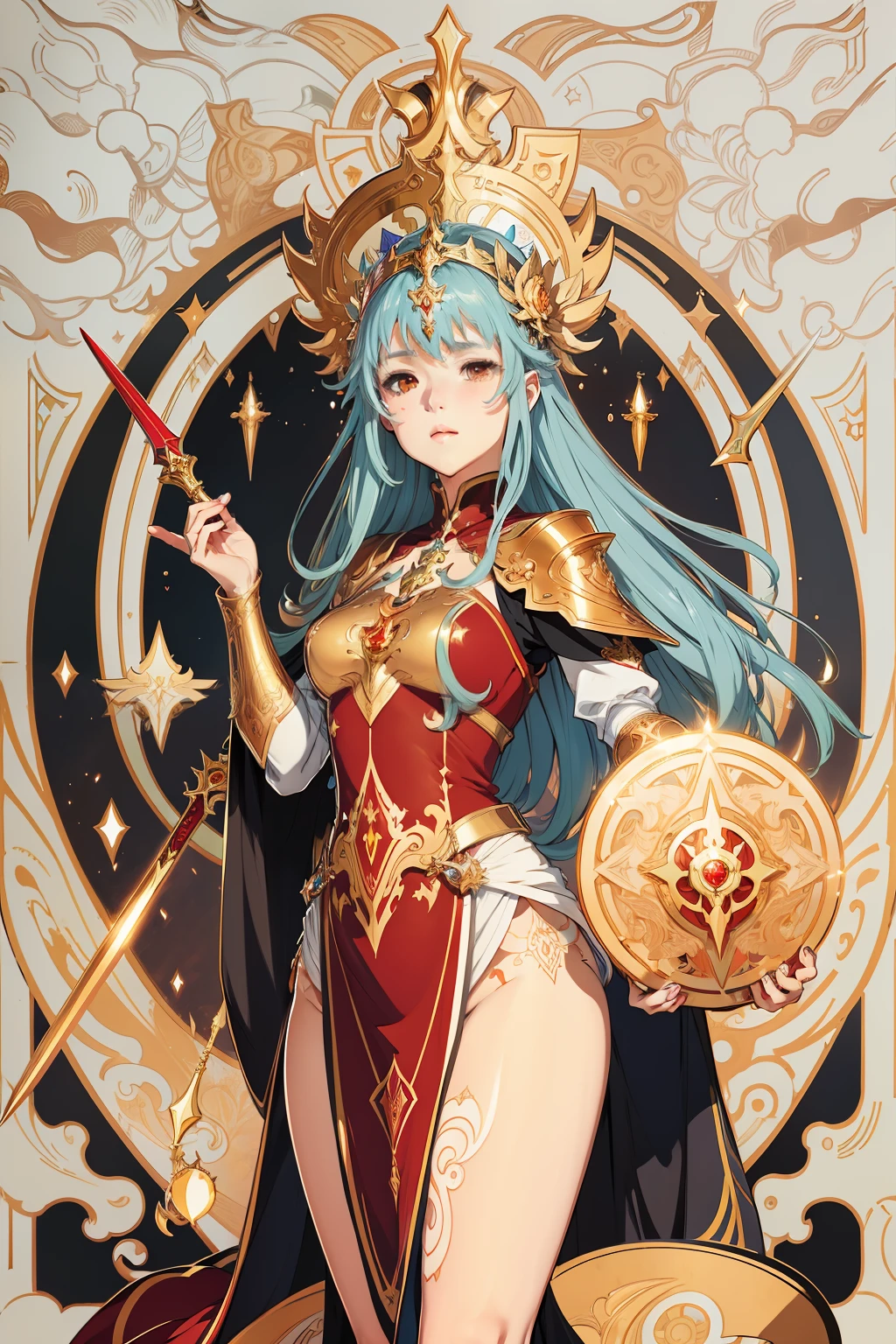 arafed image of a handsome man with a star sword in he hands, alphonse mucha and rossdraws, mucha style 4k, artgerm mucha, korean art nouveau anime, portrait knights of zodiac girl, goddess. extremely high detail, anime fantasy illustration, detailed digital anime art, gorgeous goddess of leo, anime art nouveau, talor liner, stick liner, clear line. perfect post leg and shose. backgourd no face. red gold outfit,