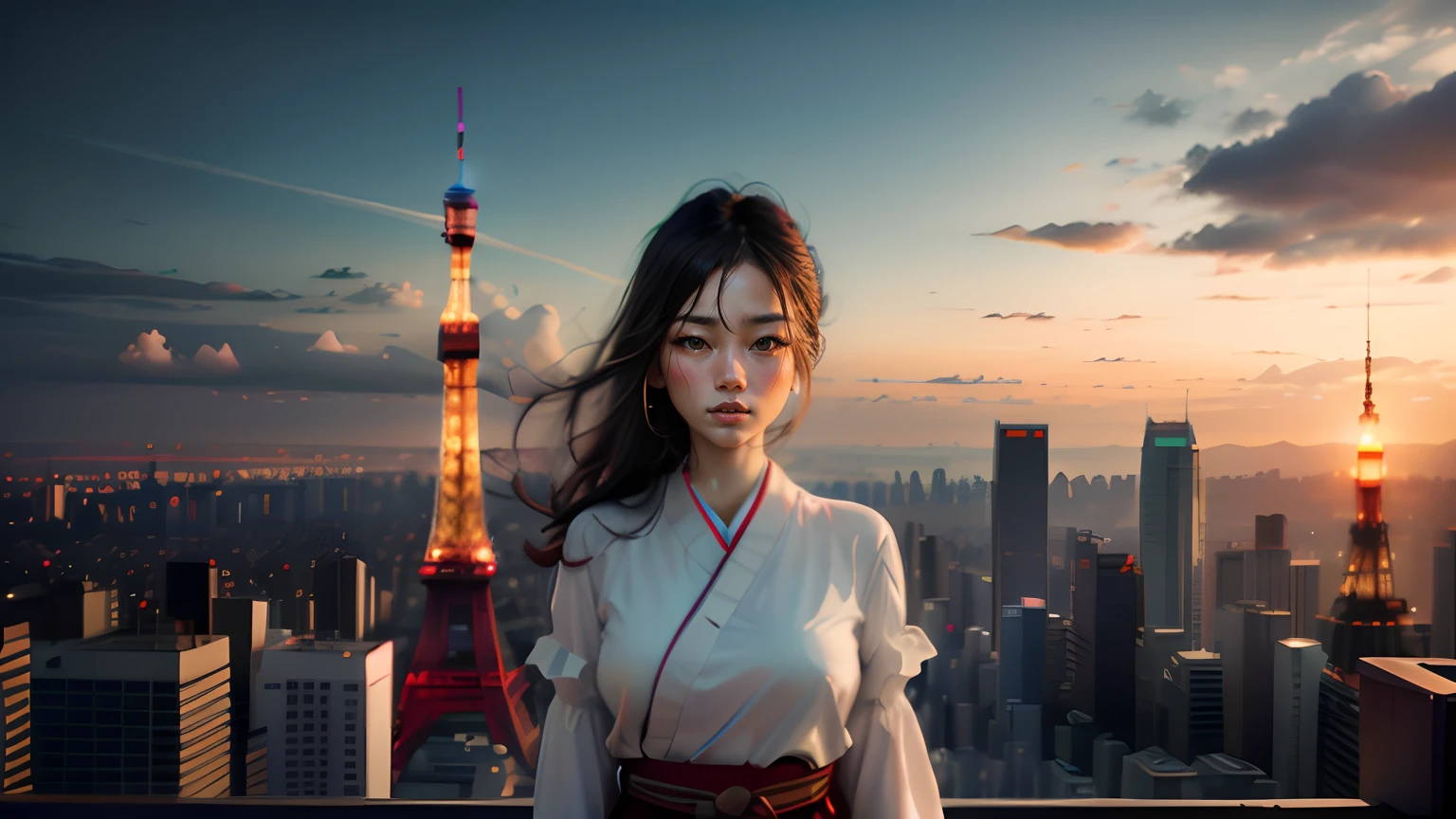 jpn　femele　Beautuful Women　８K　RAW photography　Background with　Tokyo Tower　image　Humanity